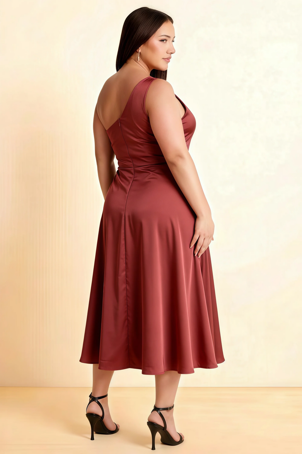 Alexa Burnt Umber Satin One Shoulder Midi Dress with Slit