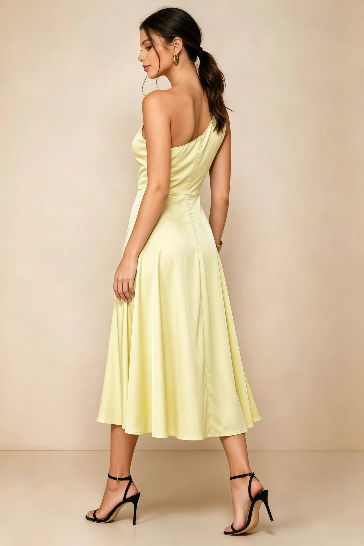 Alexa Butter Yellow Satin One Shoulder Midi Dress with Slit