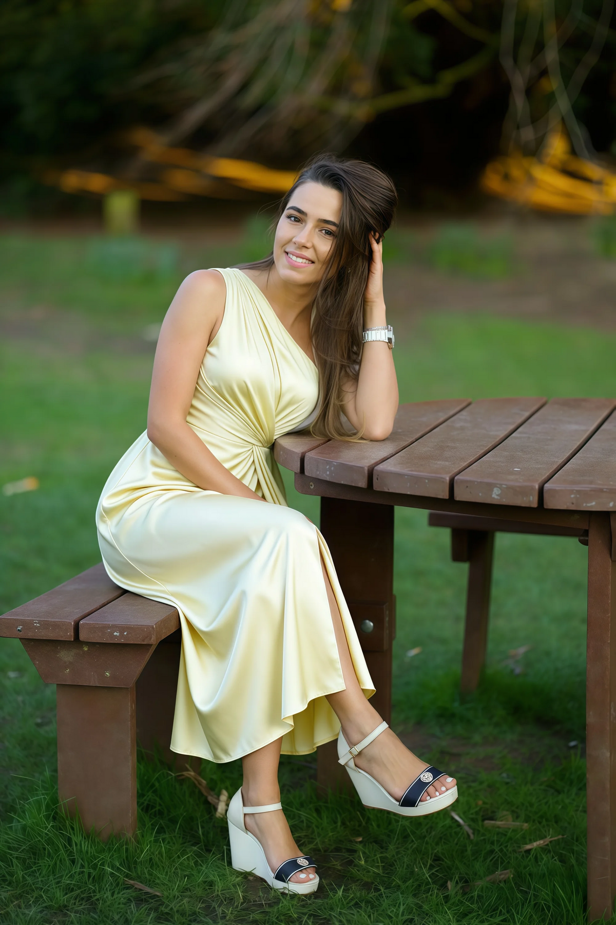 Alexa Butter Yellow Satin One Shoulder Midi Dress with Slit