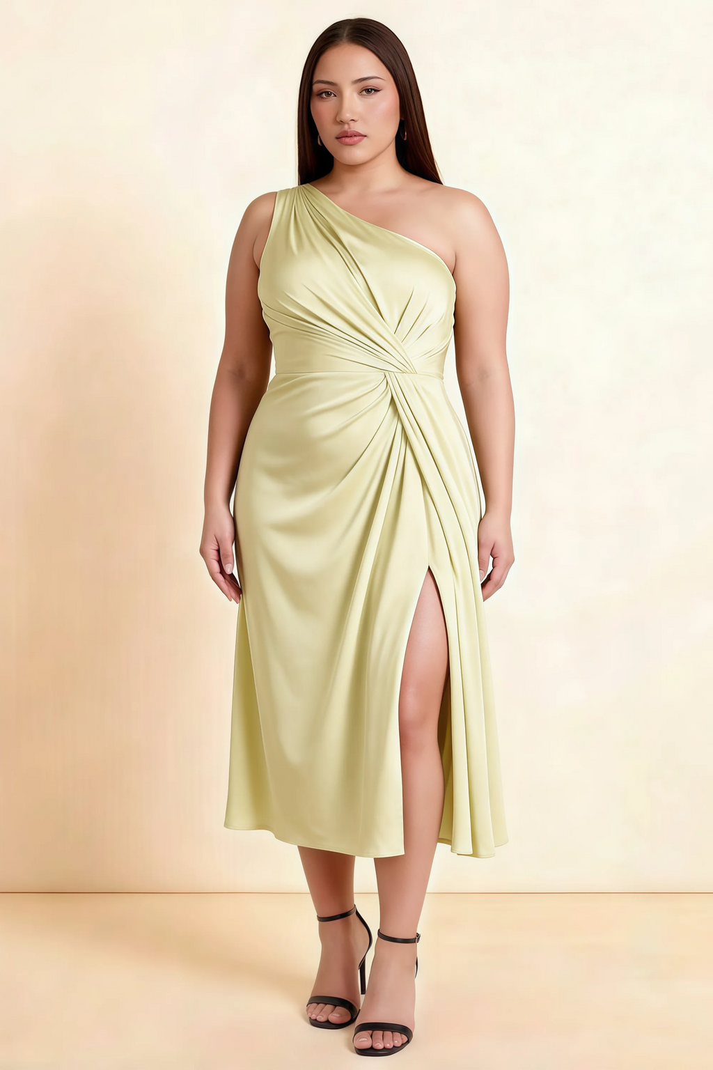 Alexa Butter Yellow Satin One Shoulder Midi Dress with Slit