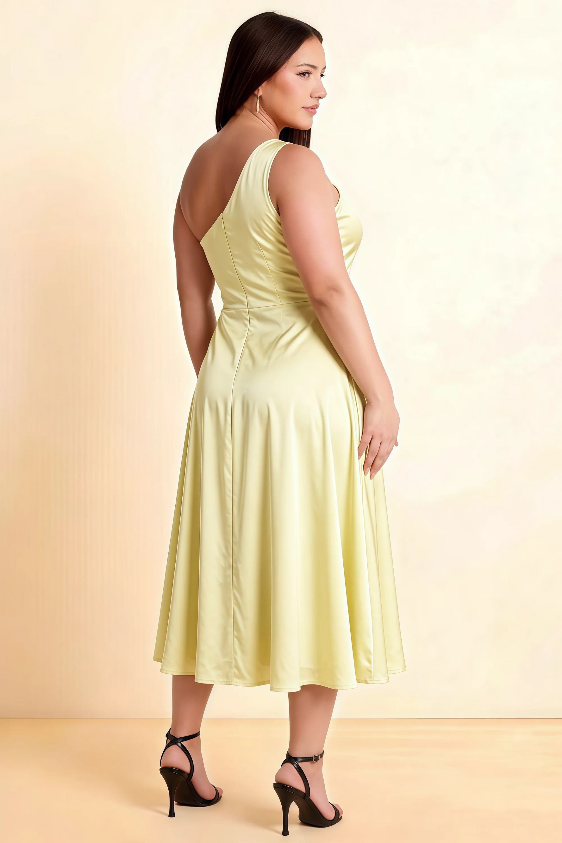 Alexa Butter Yellow Satin One Shoulder Midi Dress with Slit