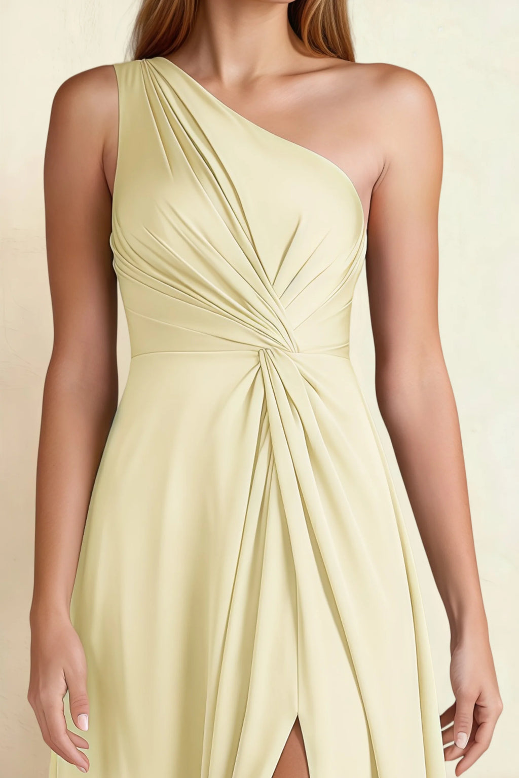 Alexa Butter Yellow Satin One Shoulder Midi Dress with Slit