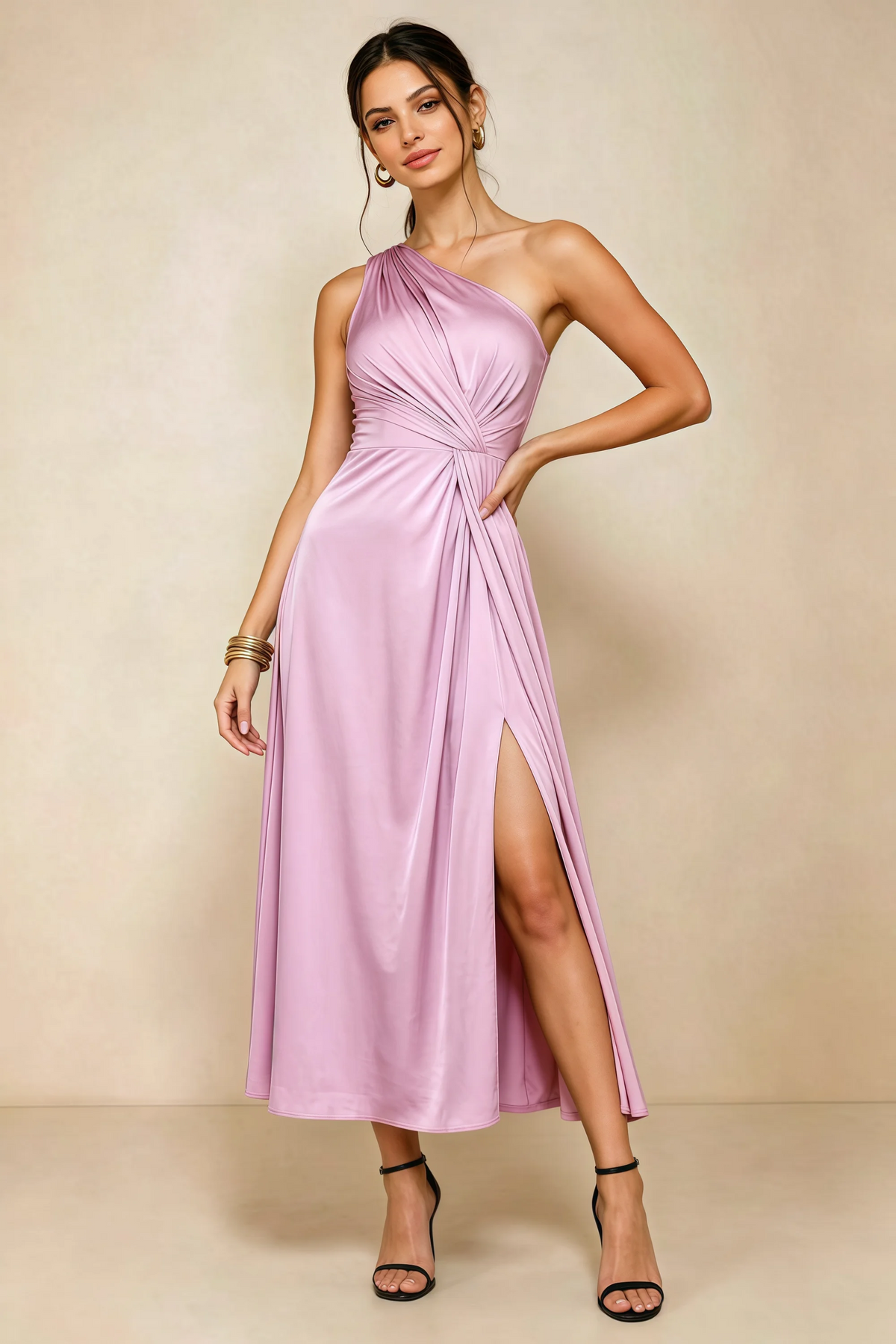 Alexa Candy Pink Satin One Shoulder Midi Dress with Slit