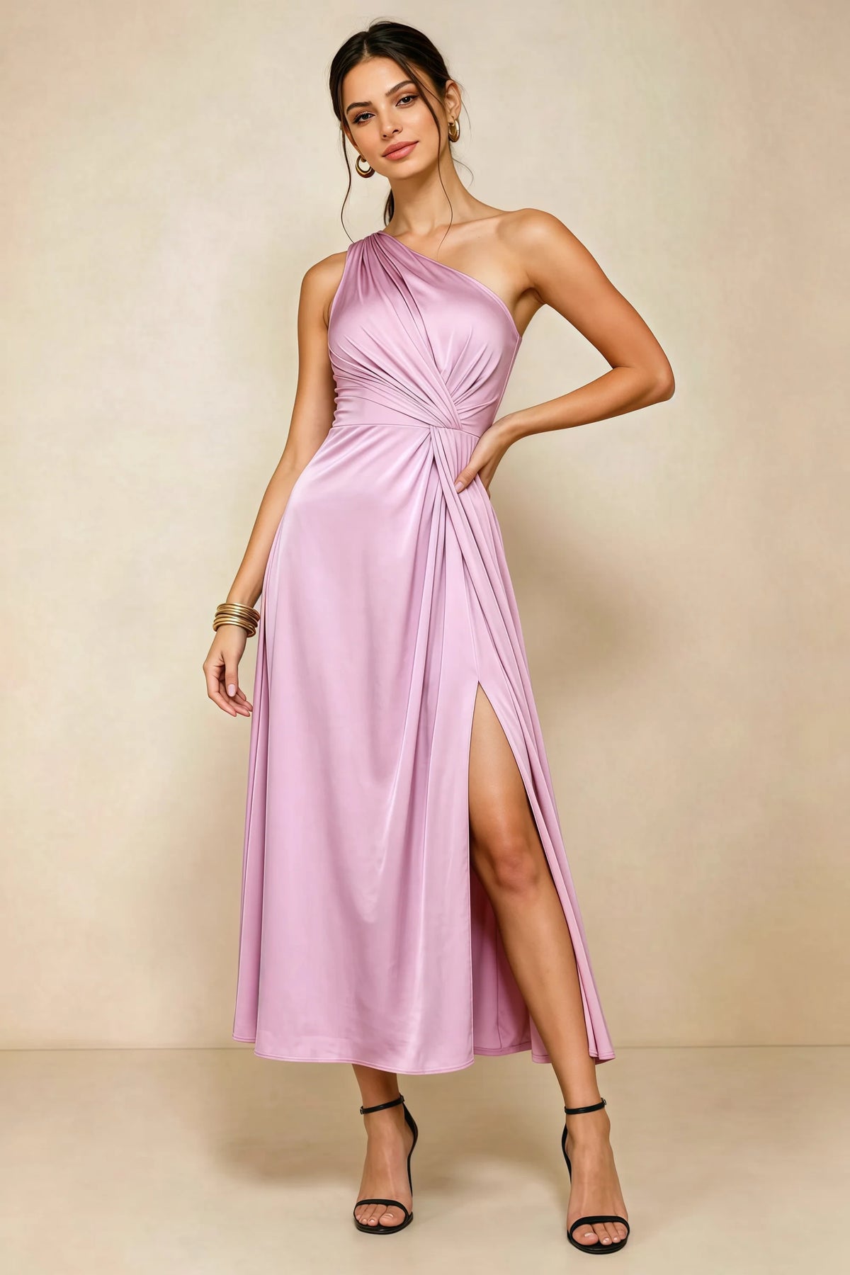 Alexa Candy Pink Satin One Shoulder Midi Dress with Slit Main image