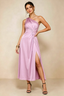 Alexa Candy Pink Satin One Shoulder Midi Dress with Slit