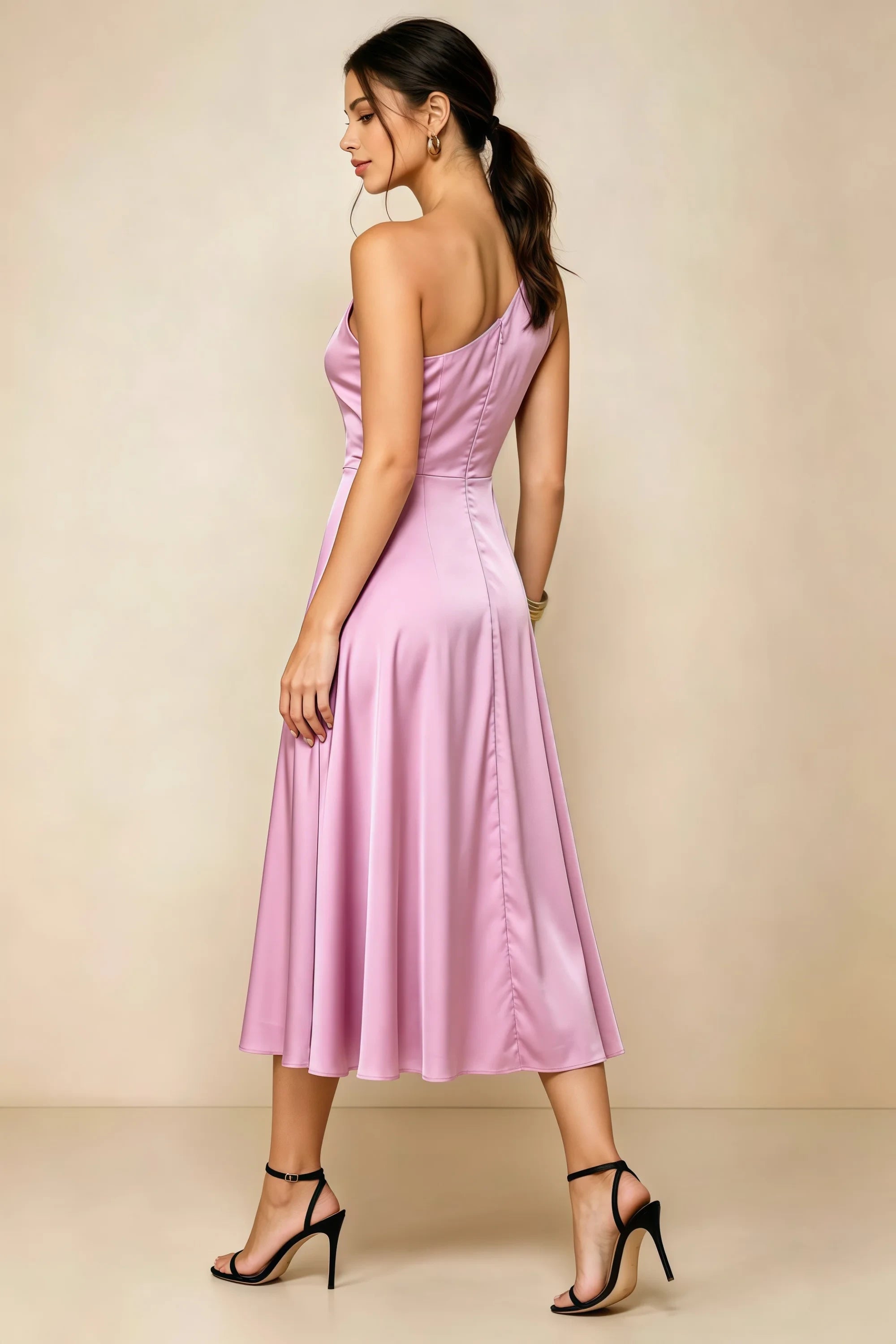 Alexa Candy Pink Satin One Shoulder Midi Dress with Slit Secondary image