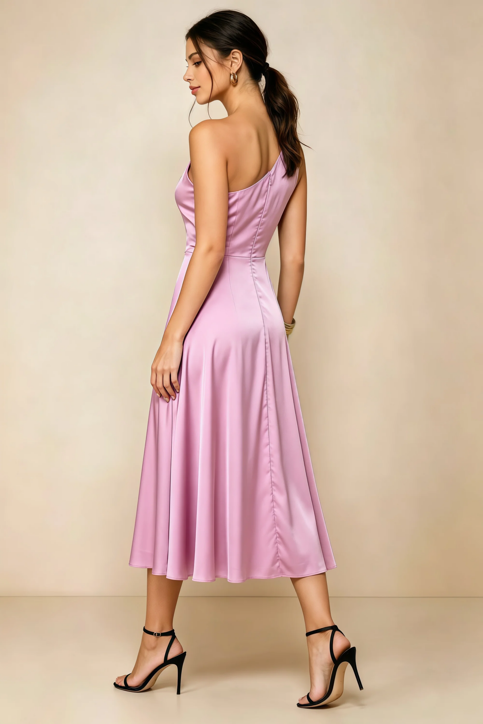Alexa Candy Pink Satin One Shoulder Midi Dress with Slit