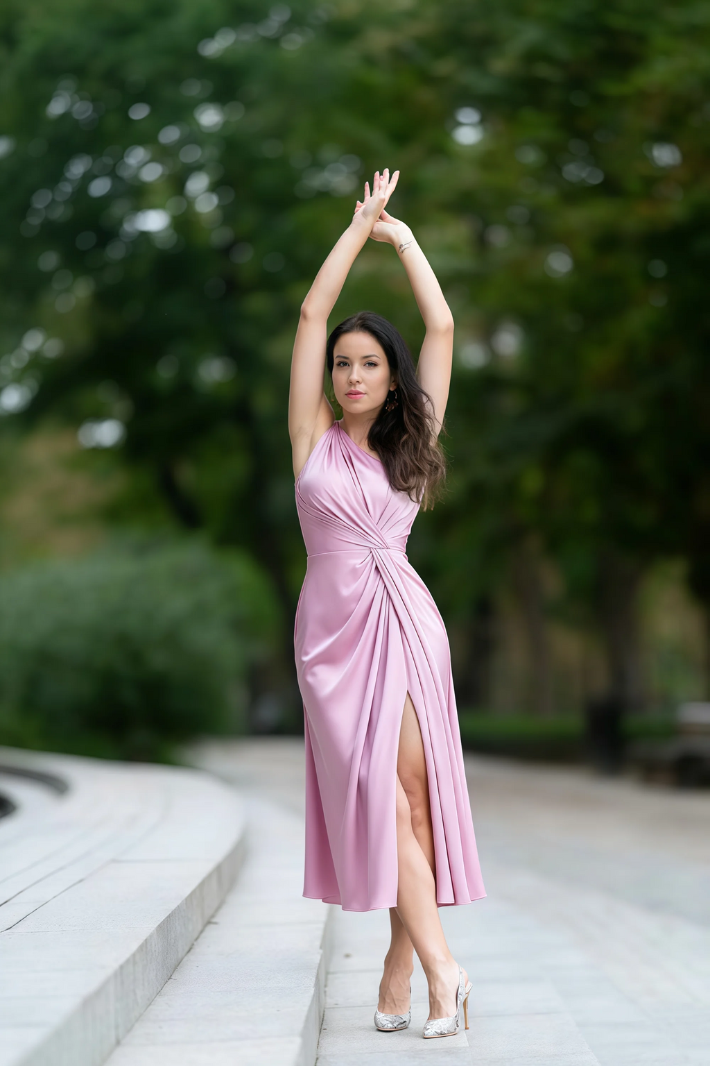 Alexa Candy Pink Satin One Shoulder Midi Dress with Slit