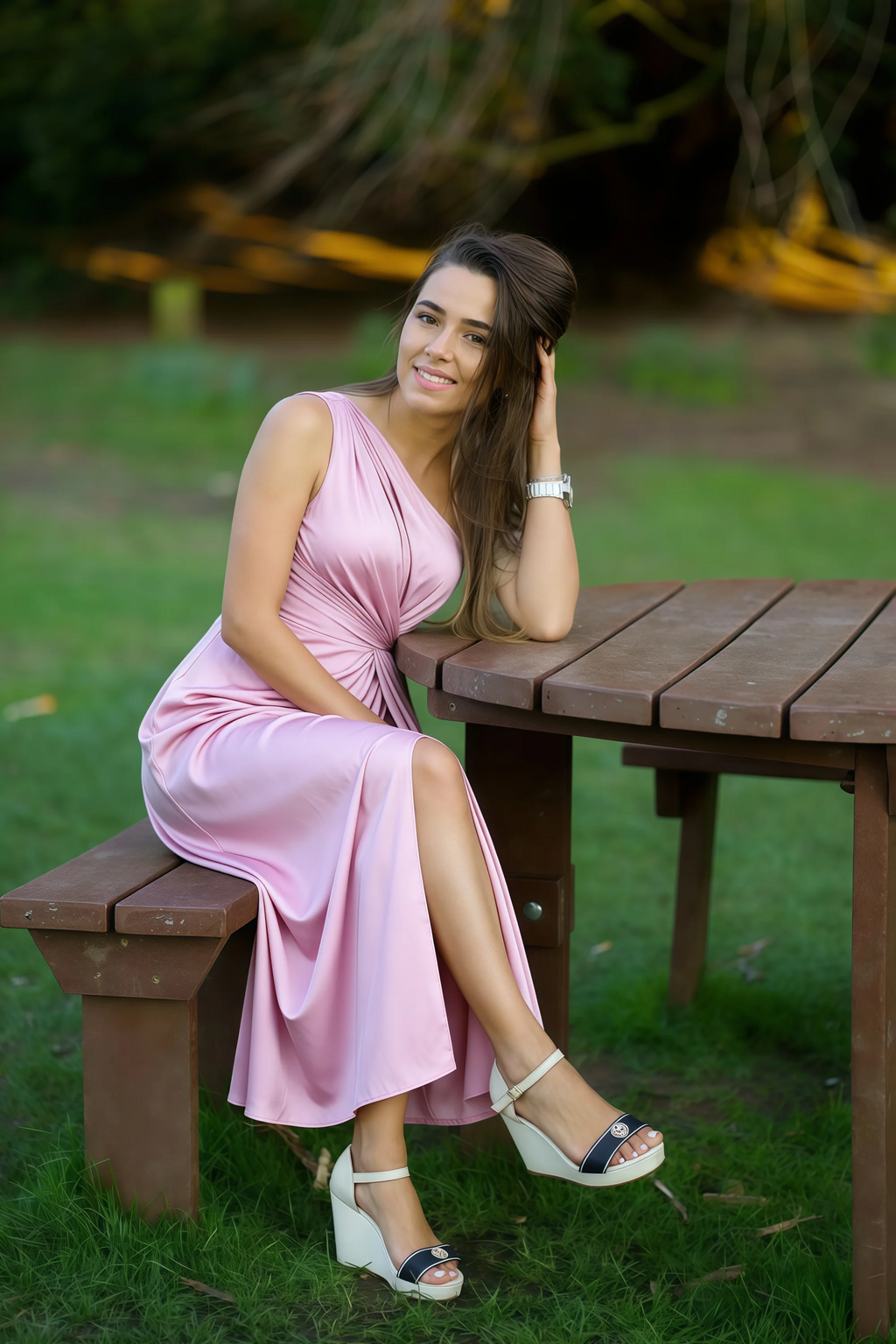 Alexa Candy Pink Satin One Shoulder Midi Dress with Slit