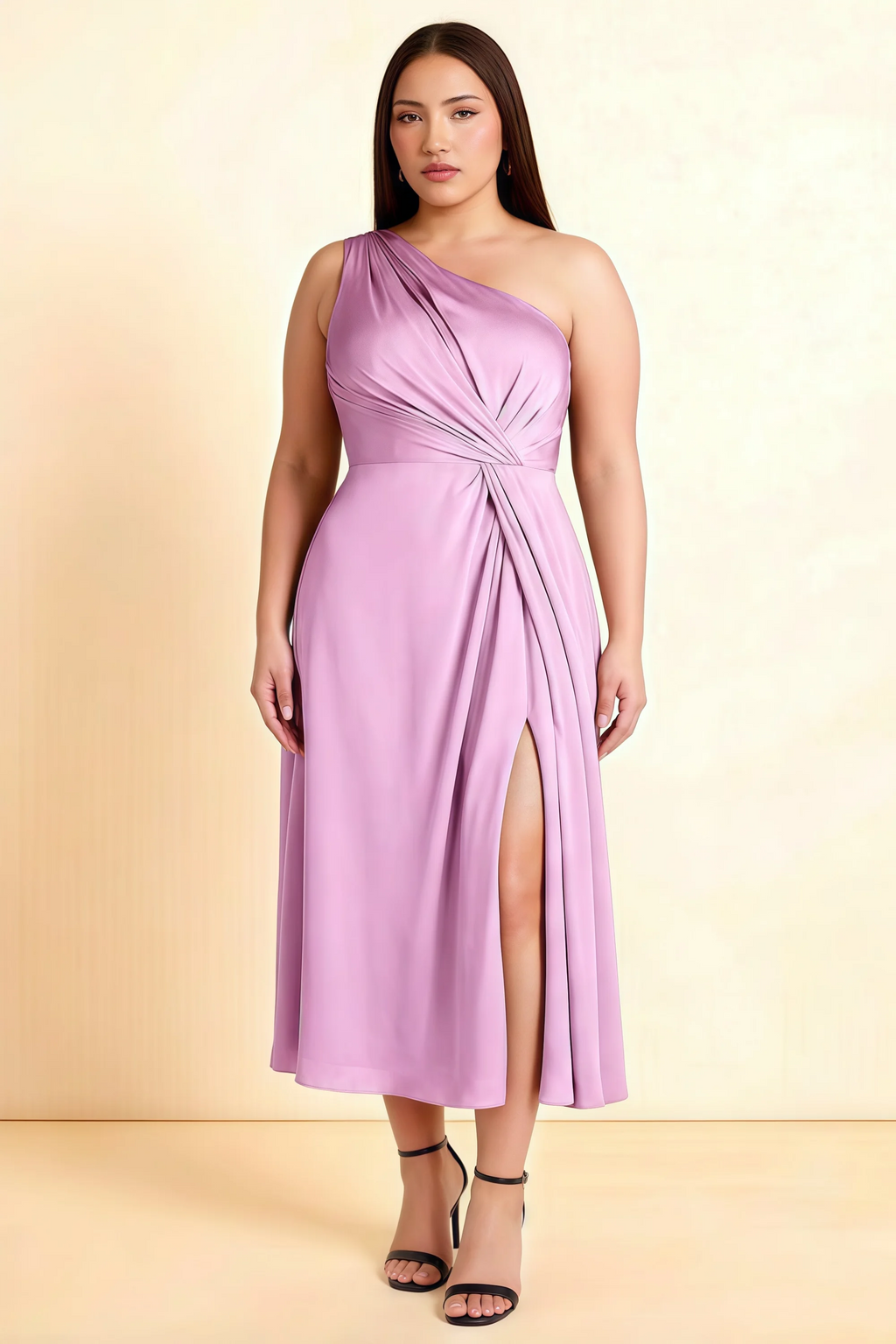 Alexa Candy Pink Satin One Shoulder Midi Dress with Slit