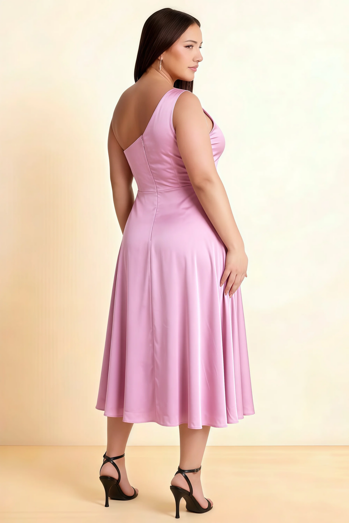 Alexa Candy Pink Satin One Shoulder Midi Dress with Slit