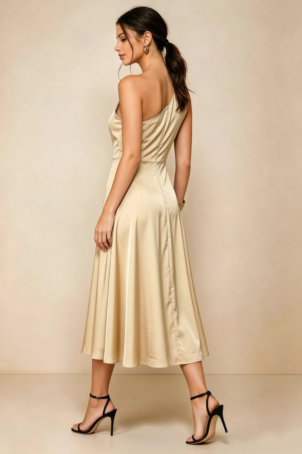 Alexa Champagne Satin One Shoulder Midi Dress with Slit