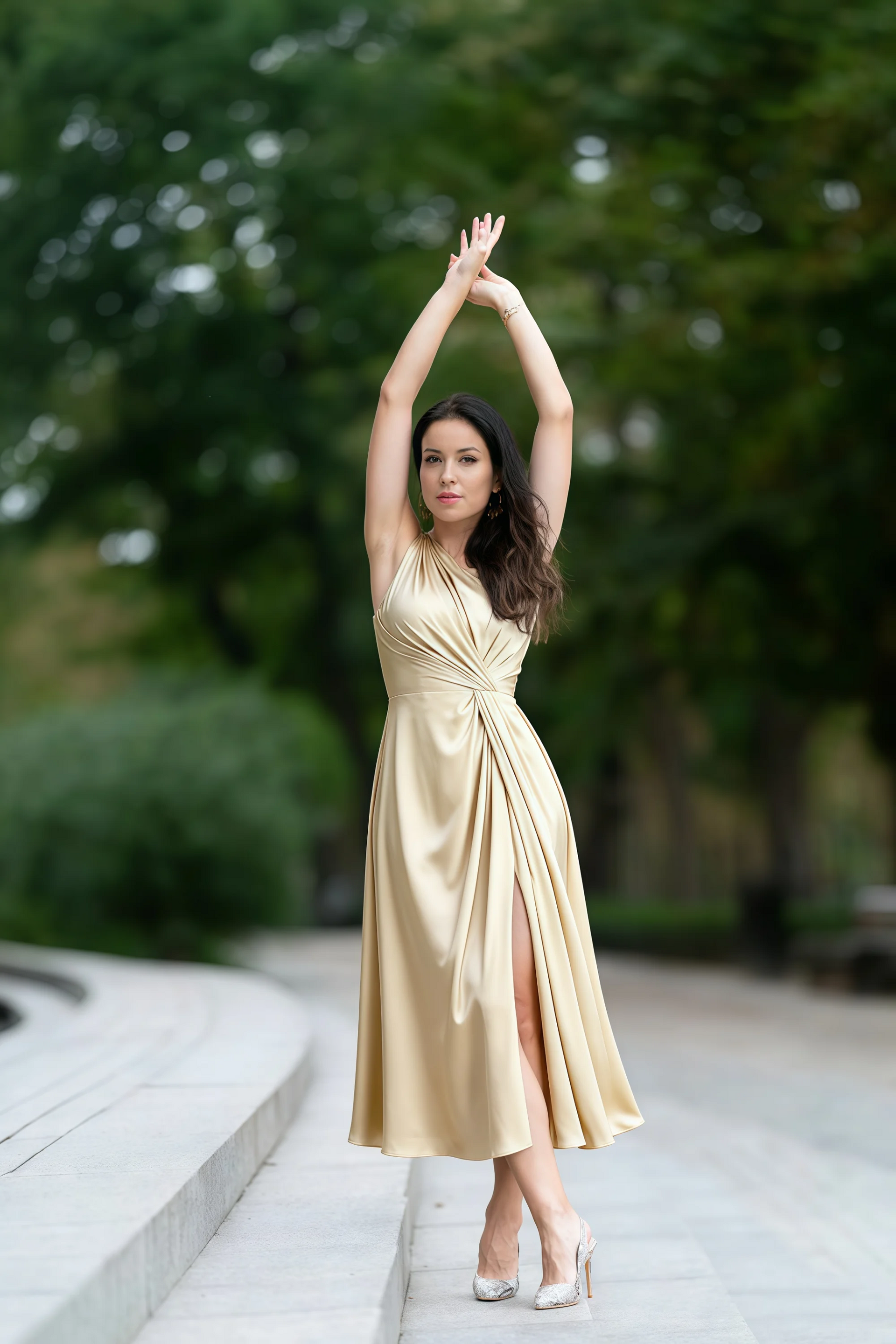 Alexa Champagne Satin One Shoulder Midi Dress with Slit