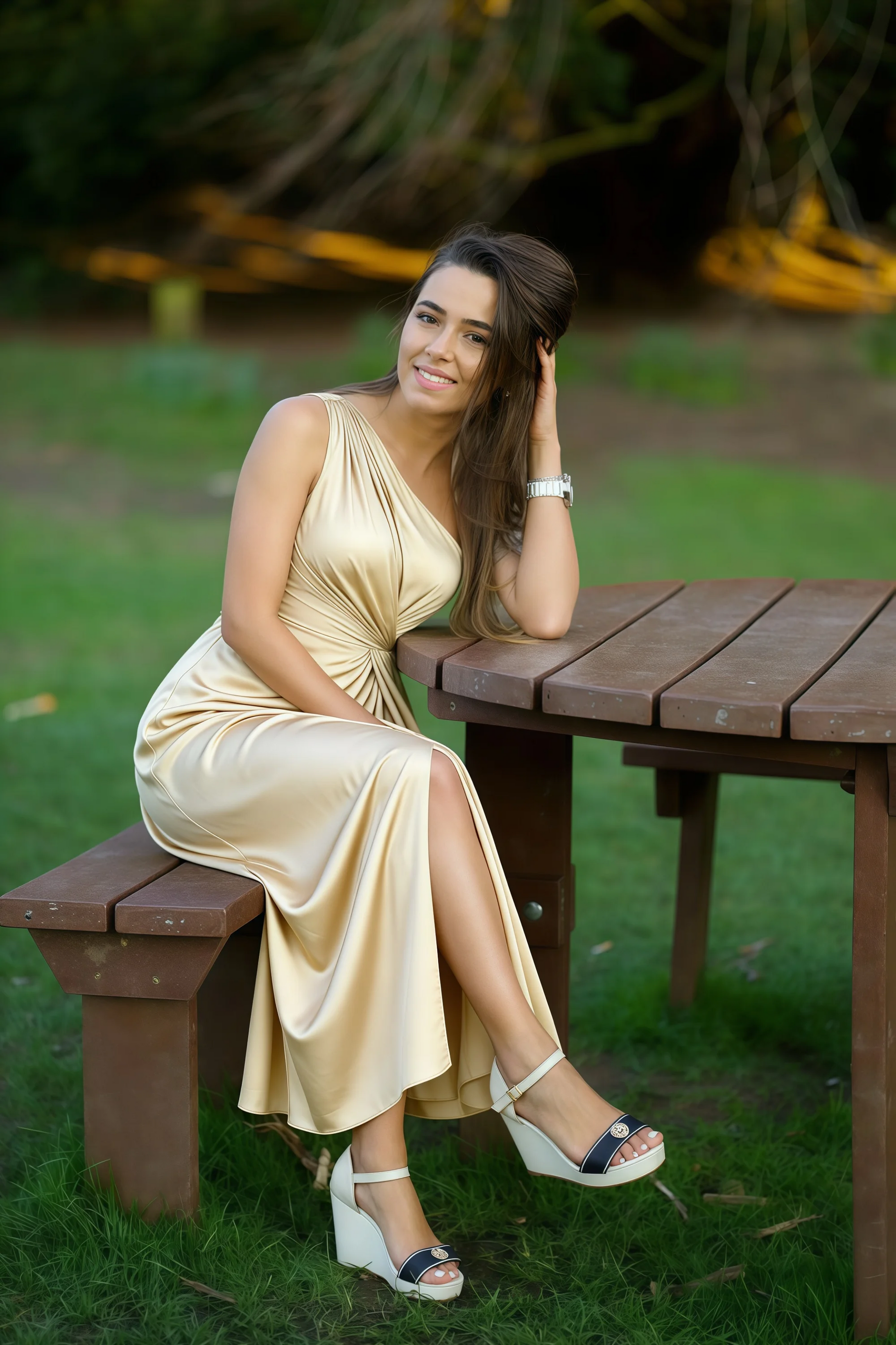 Alexa Champagne Satin One Shoulder Midi Dress with Slit