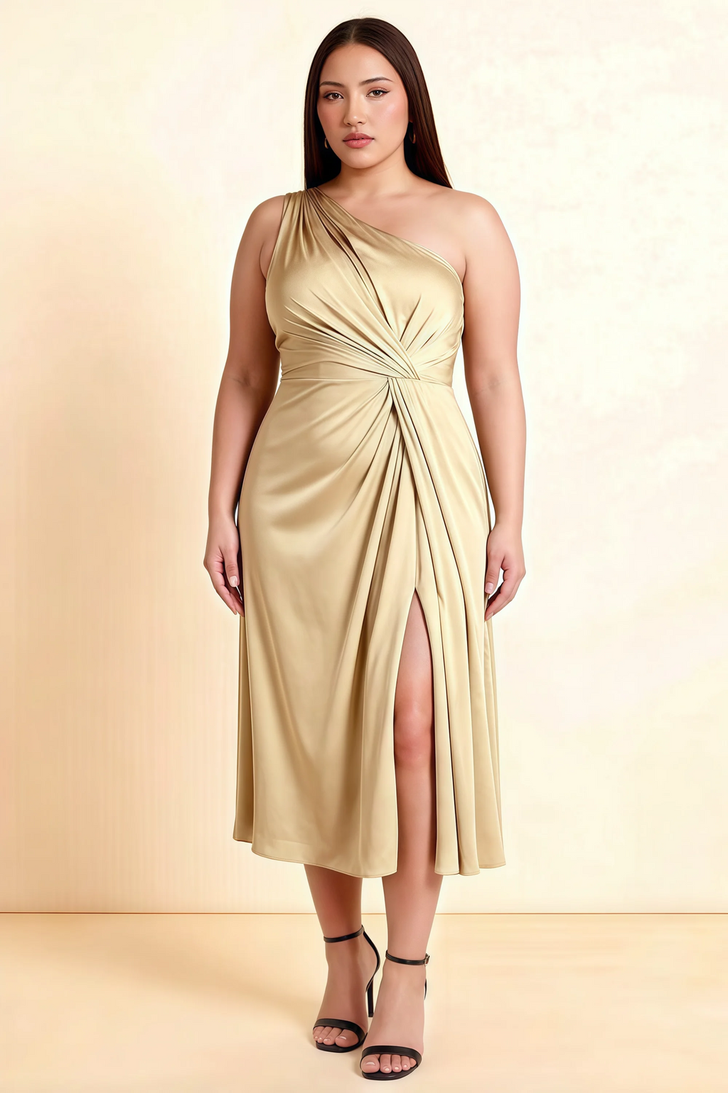 Alexa Champagne Satin One Shoulder Midi Dress with Slit