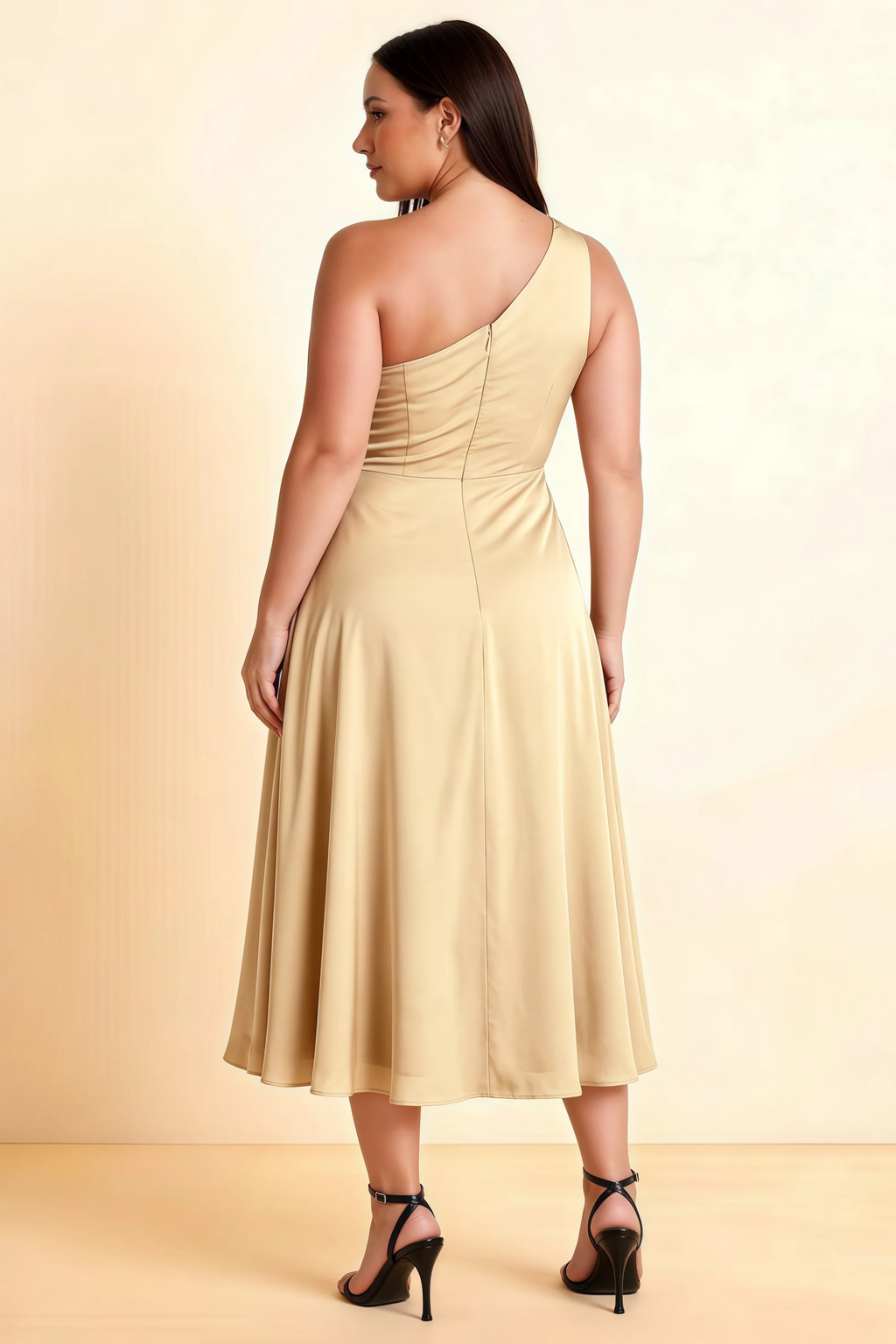 Alexa Champagne Satin One Shoulder Midi Dress with Slit