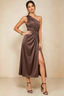 Alexa Chocolate Brown Satin One Shoulder Midi Dress with Slit