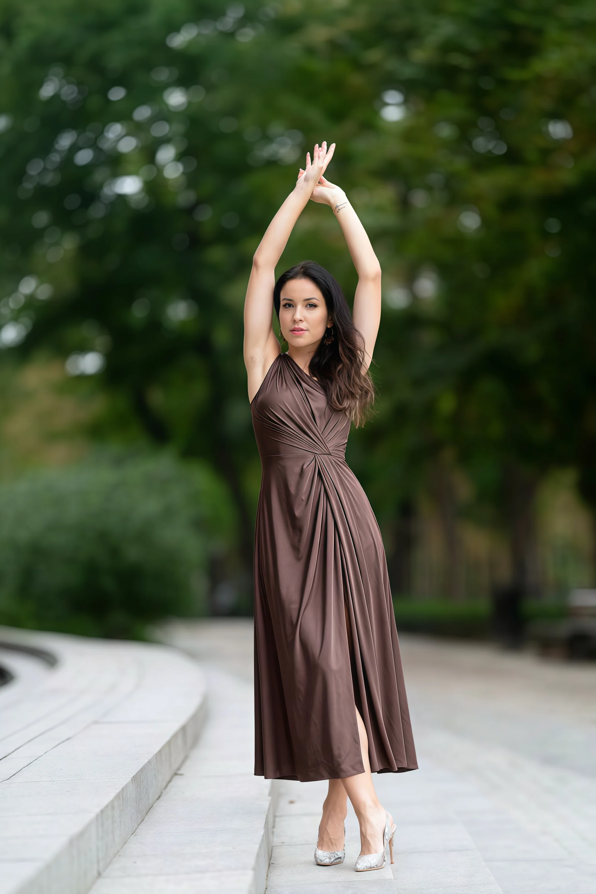 Alexa Chocolate Brown Satin One Shoulder Midi Dress with Slit