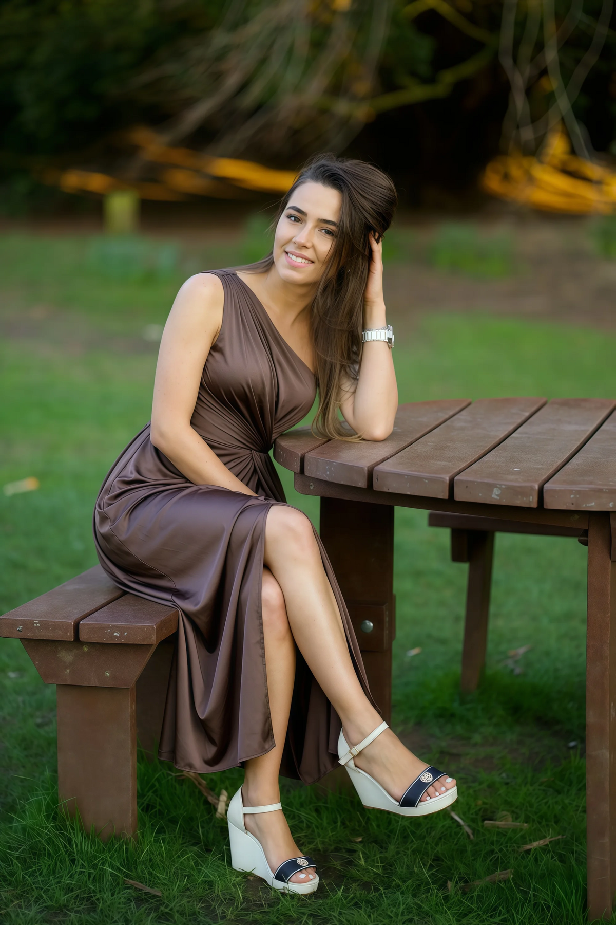 Alexa Chocolate Brown Satin One Shoulder Midi Dress with Slit
