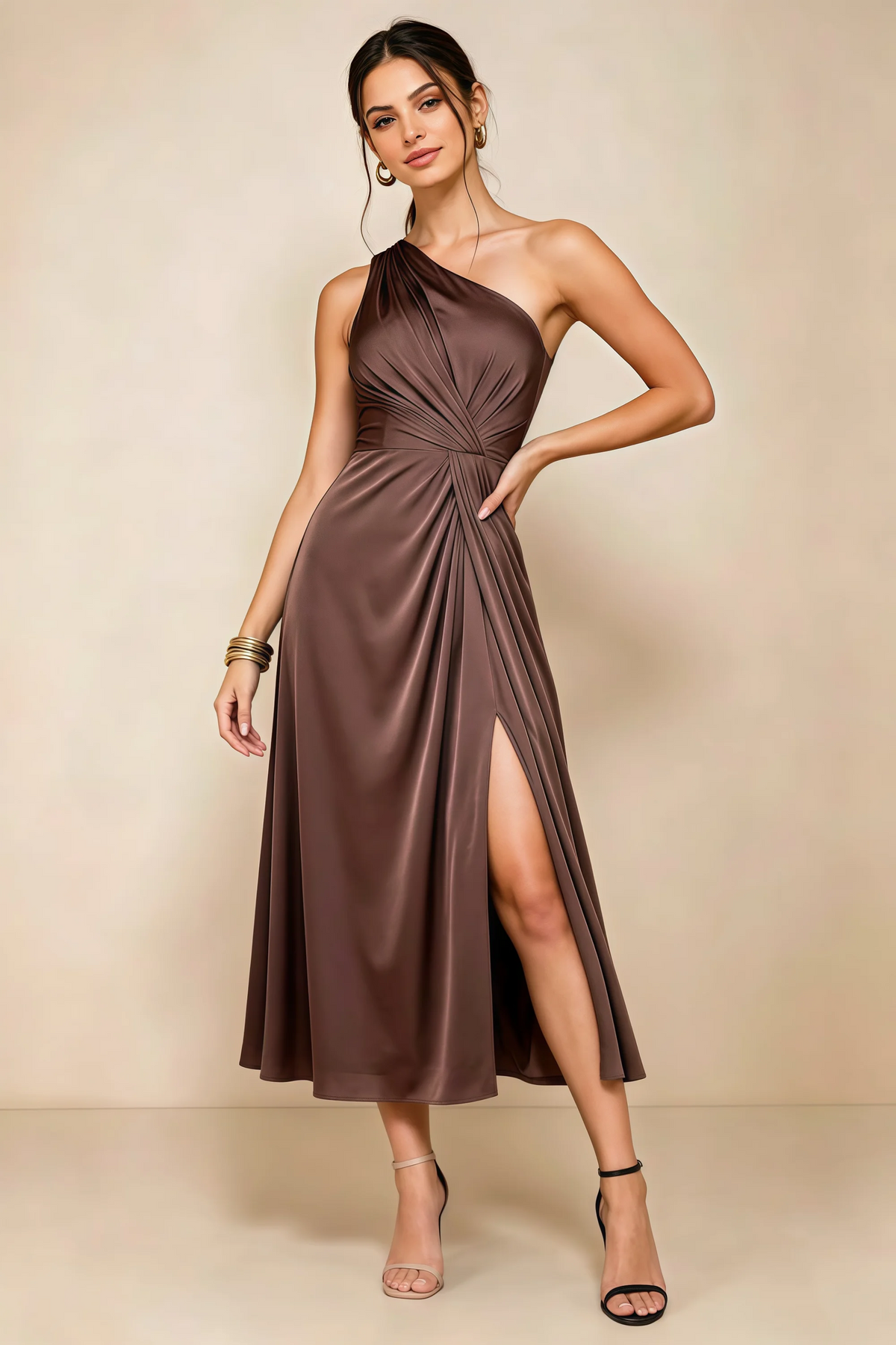 Alexa Chocolate Brown Satin One Shoulder Midi Dress with Slit