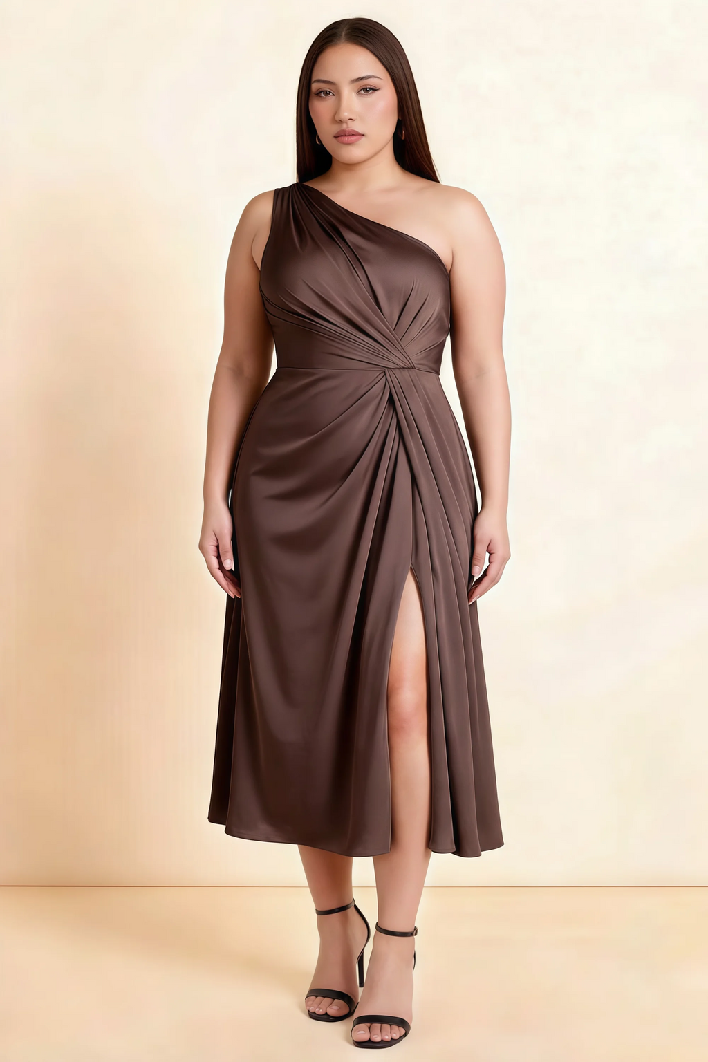 Alexa Chocolate Brown Satin One Shoulder Midi Dress with Slit