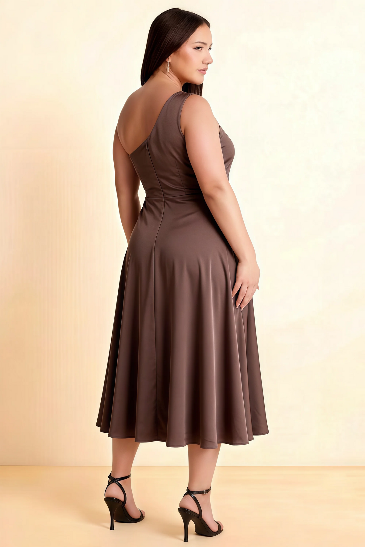 Alexa Chocolate Brown Satin One Shoulder Midi Dress with Slit