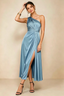 Alexa Dusty Blue Satin One Shoulder Midi Dress with Slit