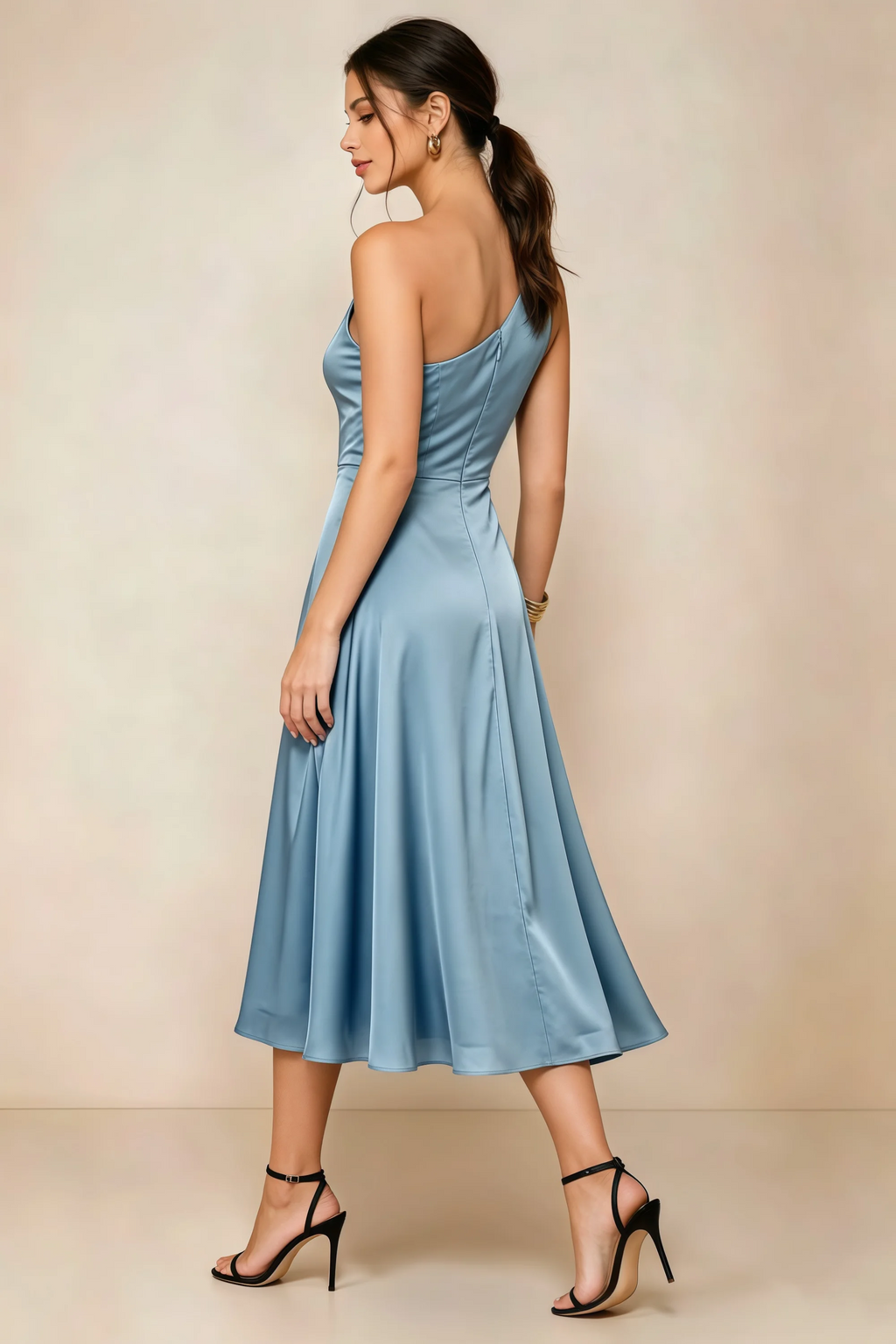 Alexa Dusty Blue Satin One Shoulder Midi Dress with Slit