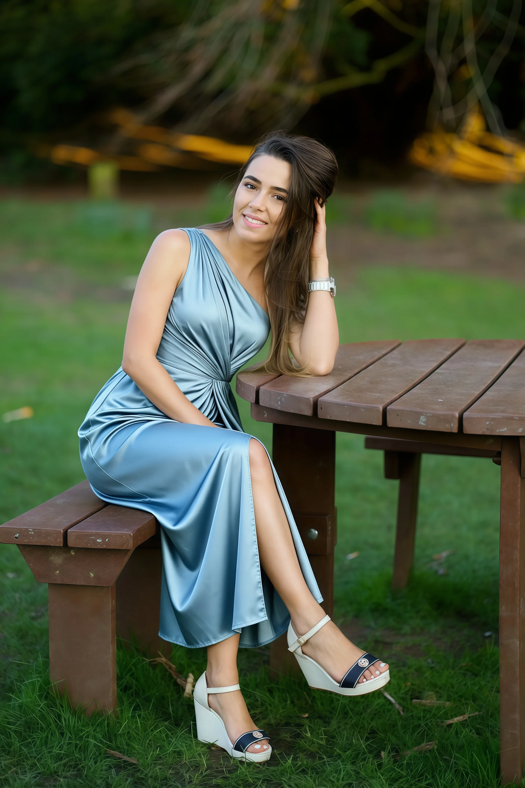 Alexa Dusty Blue Satin One Shoulder Midi Dress with Slit