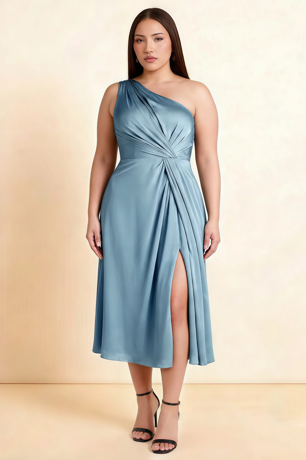 Alexa Dusty Blue Satin One Shoulder Midi Dress with Slit