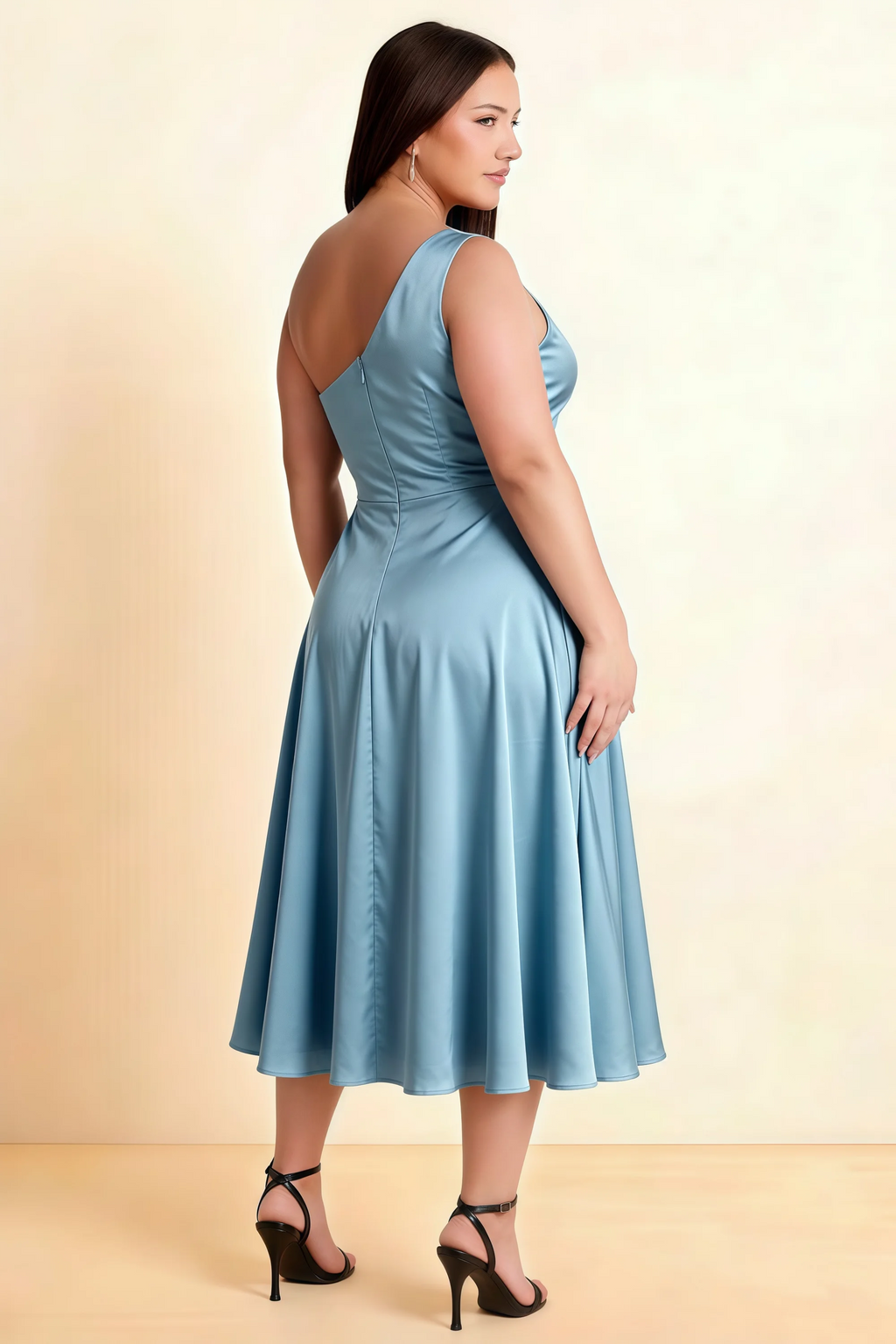 Alexa Dusty Blue Satin One Shoulder Midi Dress with Slit