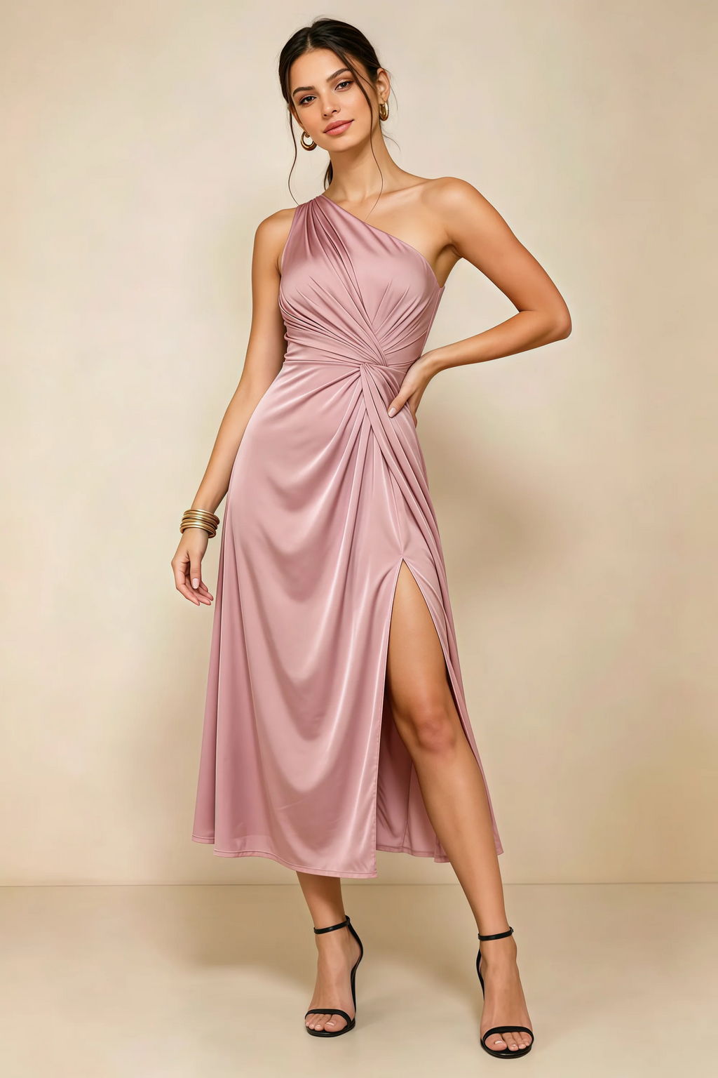 Alexa Dusty Rose Satin One Shoulder Midi Dress with Slit