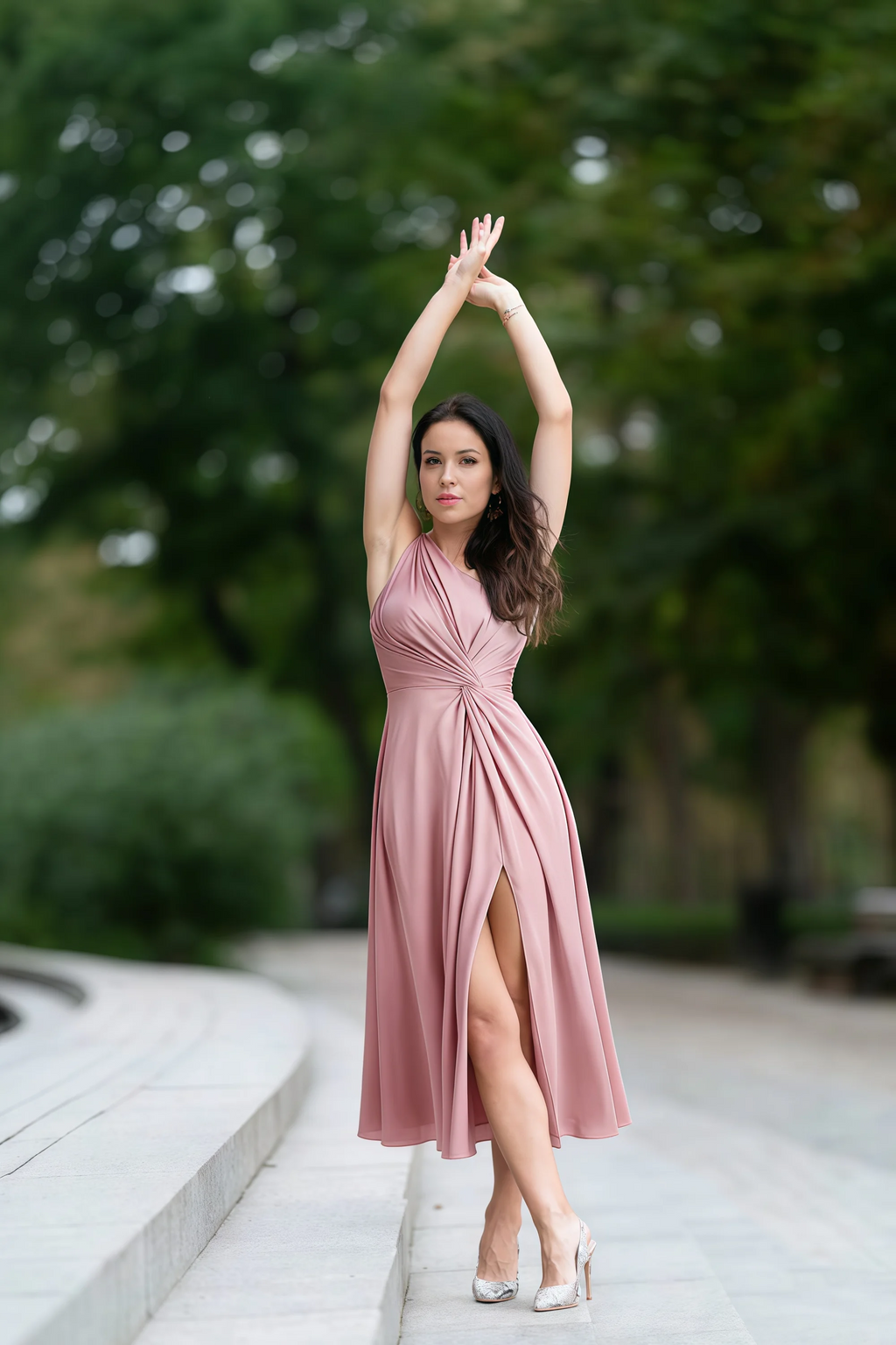 Alexa Dusty Rose Satin One Shoulder Midi Dress with Slit