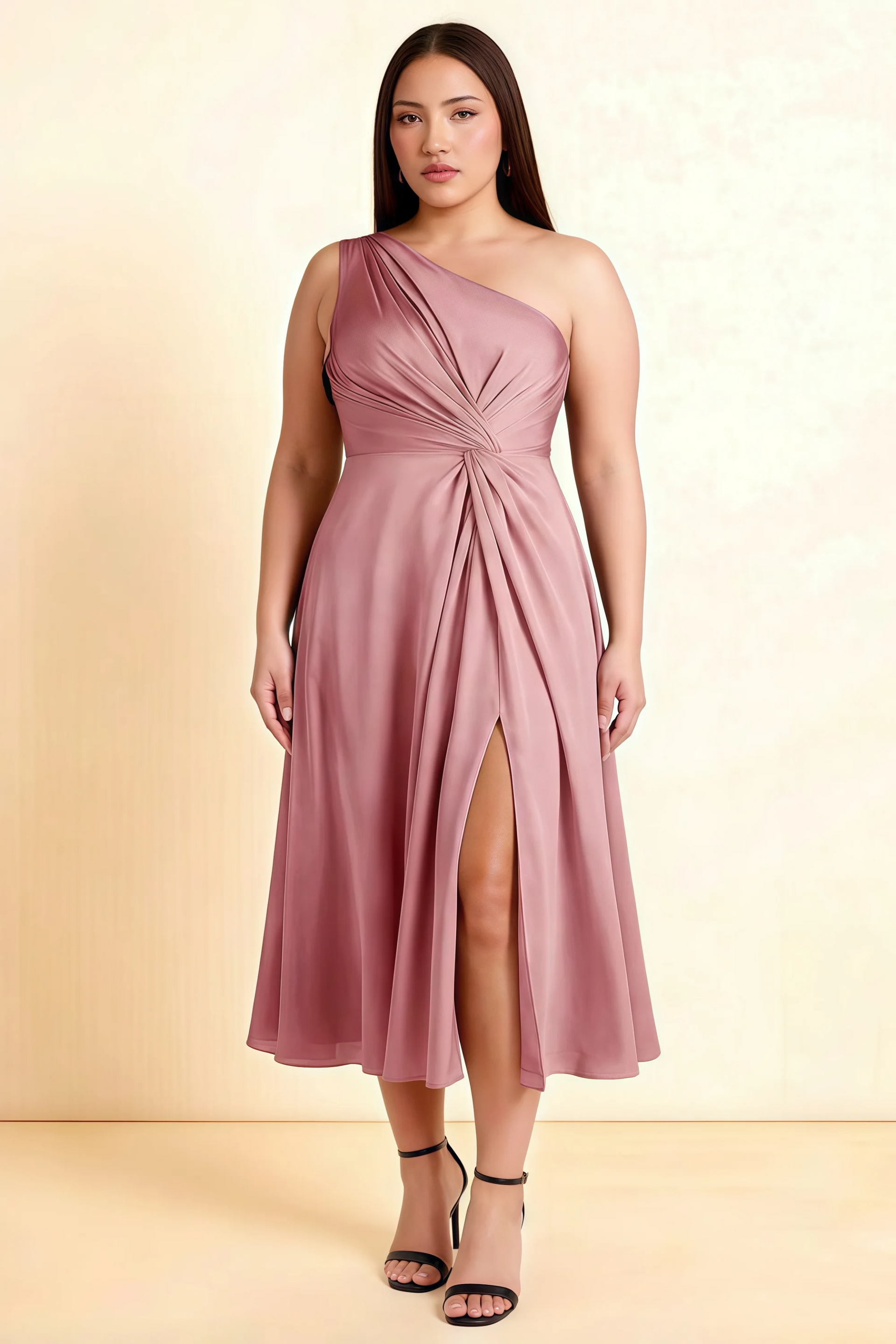 Alexa Dusty Rose Satin One Shoulder Midi Dress with Slit