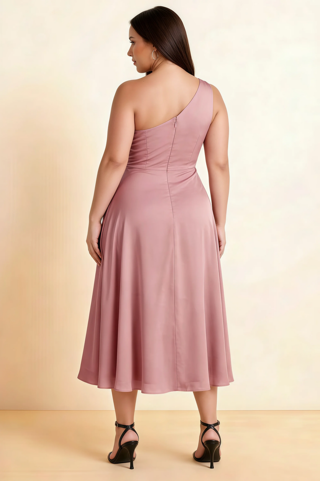 Alexa Dusty Rose Satin One Shoulder Midi Dress with Slit