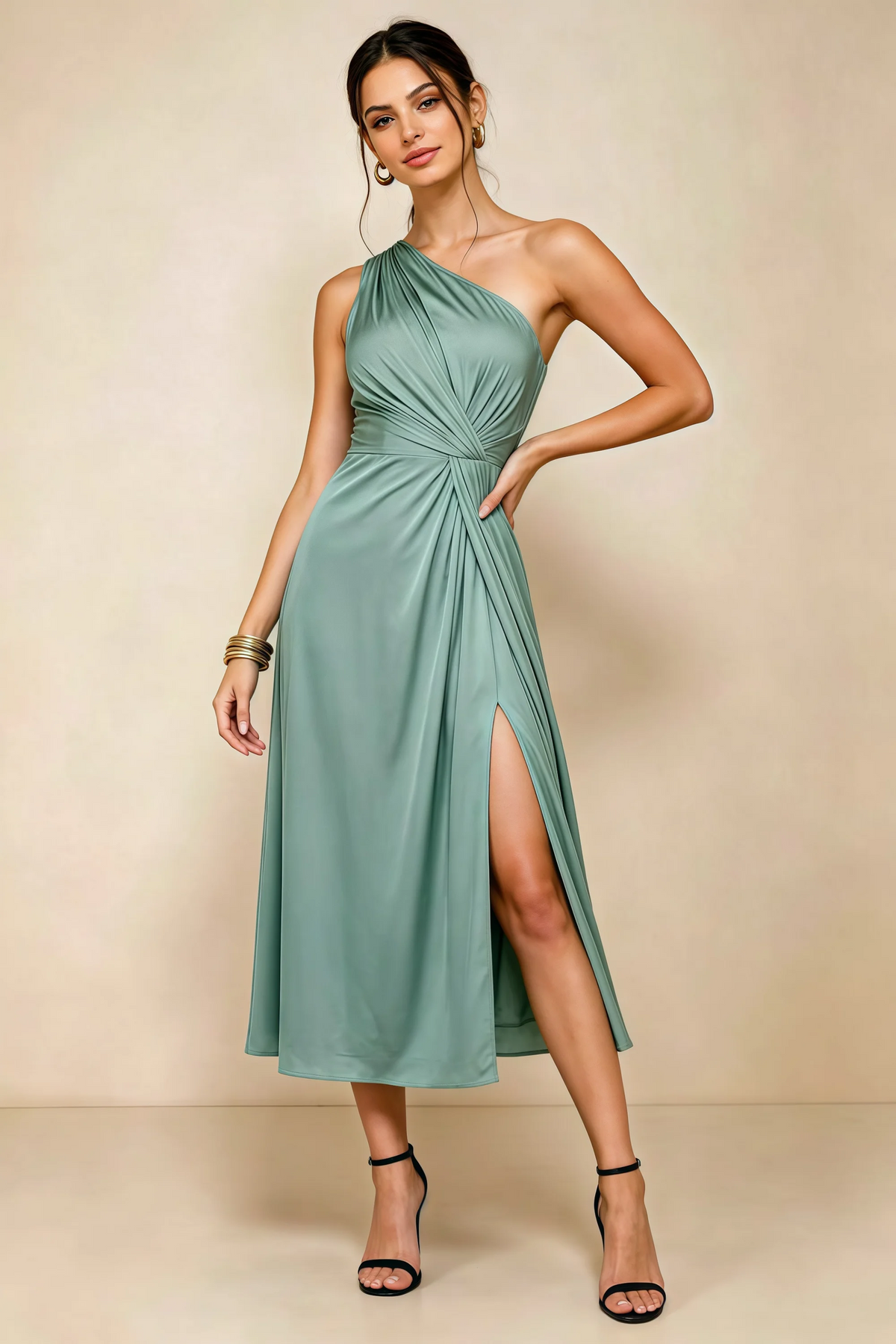 Alexa Dusty Sage Satin One Shoulder Midi Dress with Slit