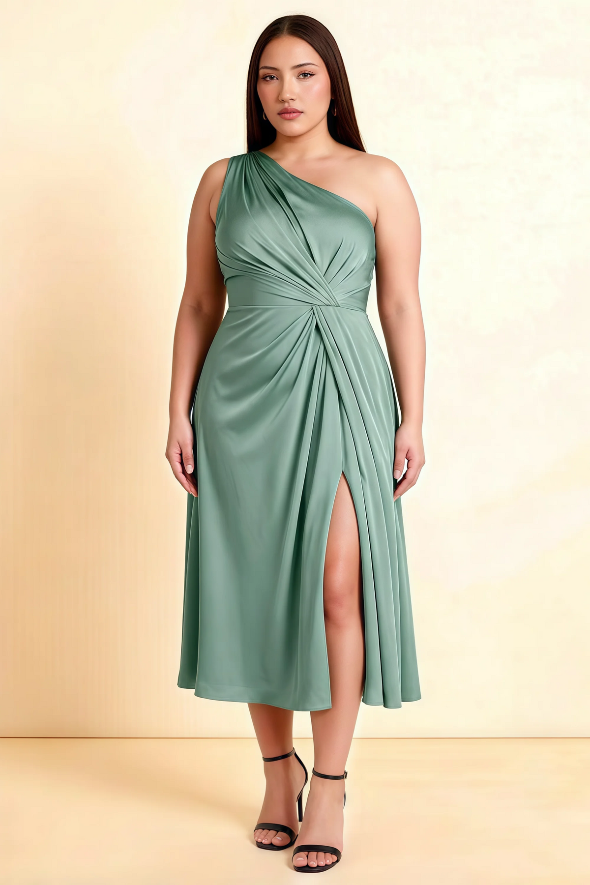 Alexa Dusty Sage Satin One Shoulder Midi Dress with Slit