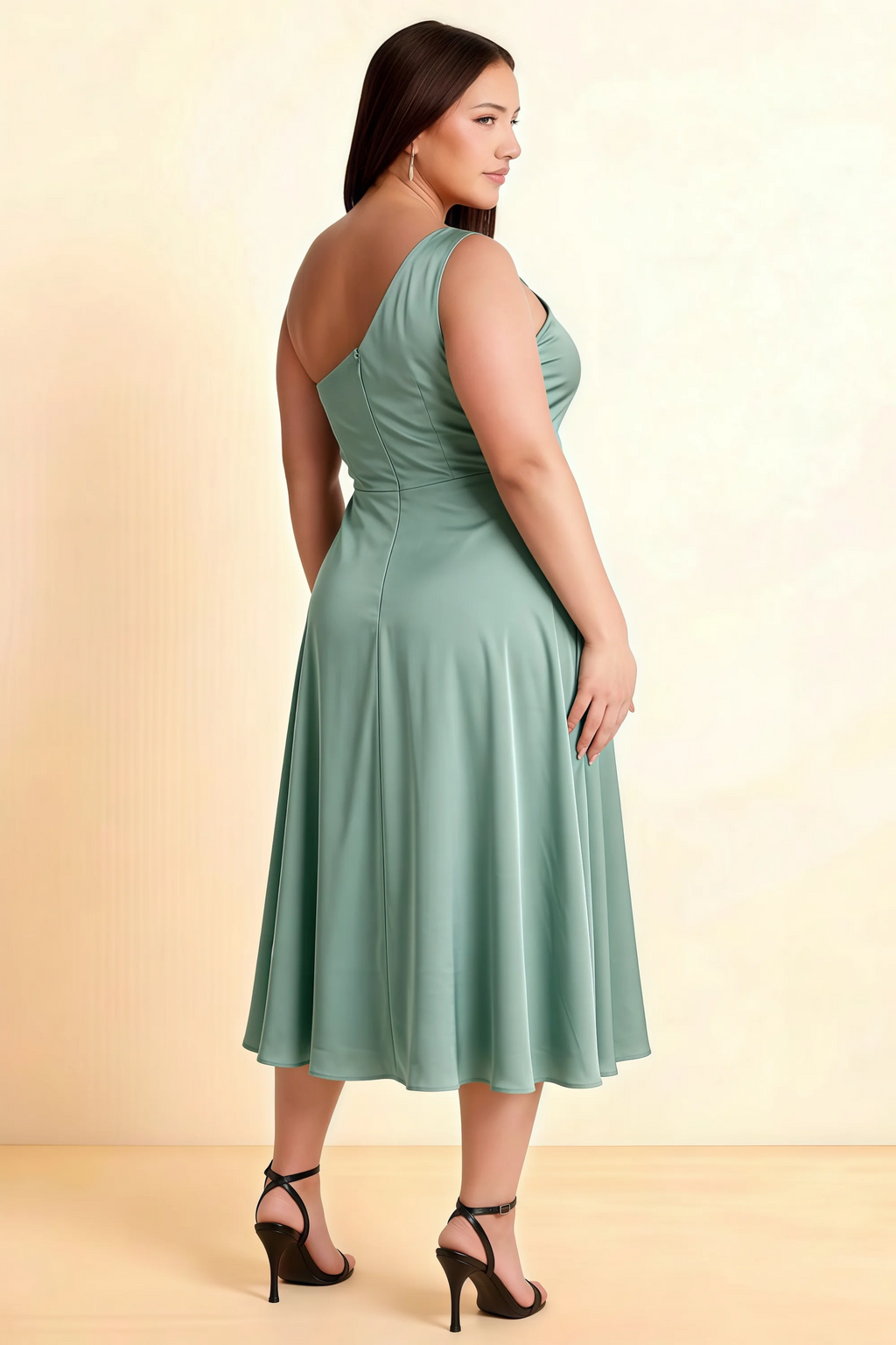 Alexa Dusty Sage Satin One Shoulder Midi Dress with Slit