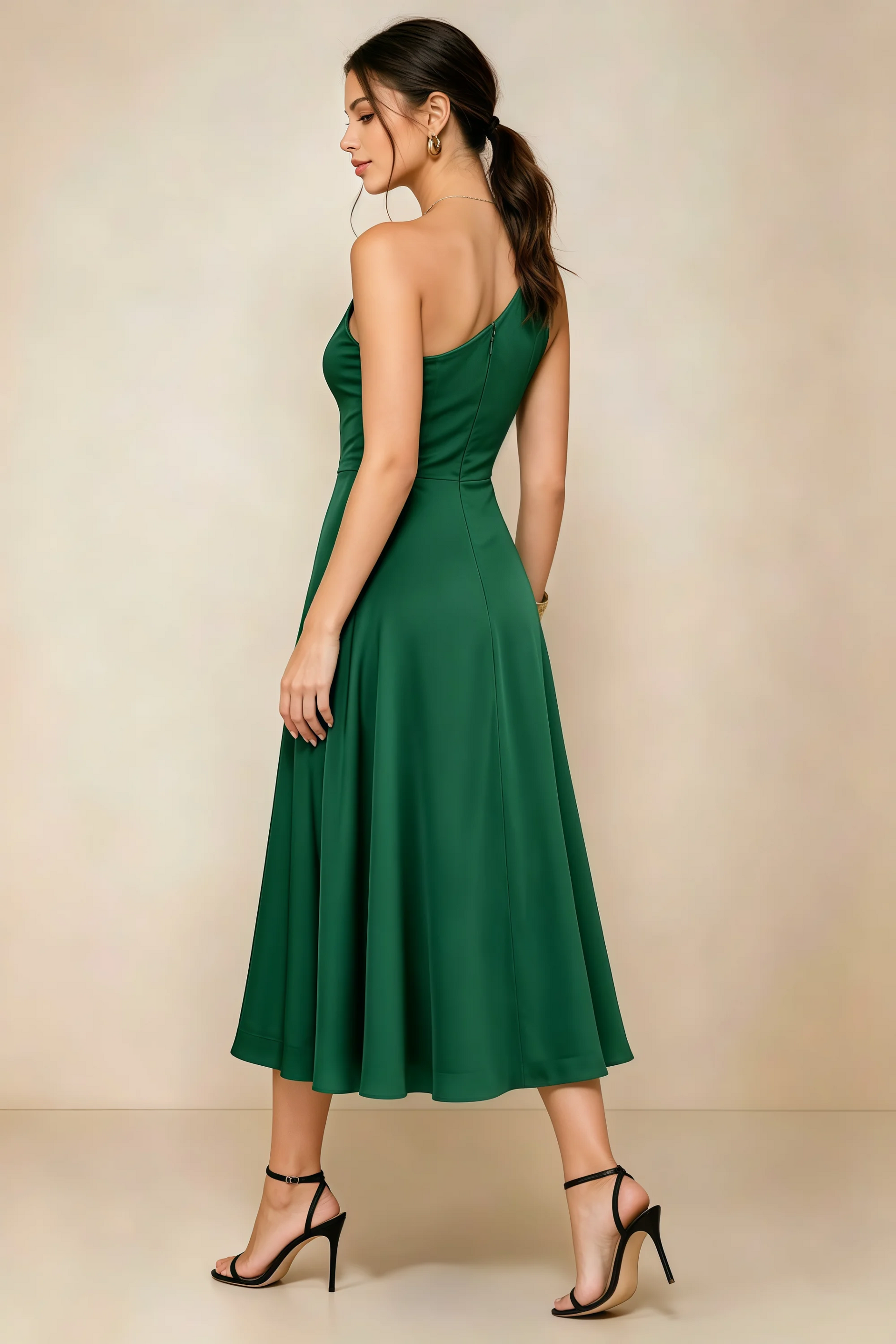 Alexa Emerald Green Satin One Shoulder Midi Dress with Slit