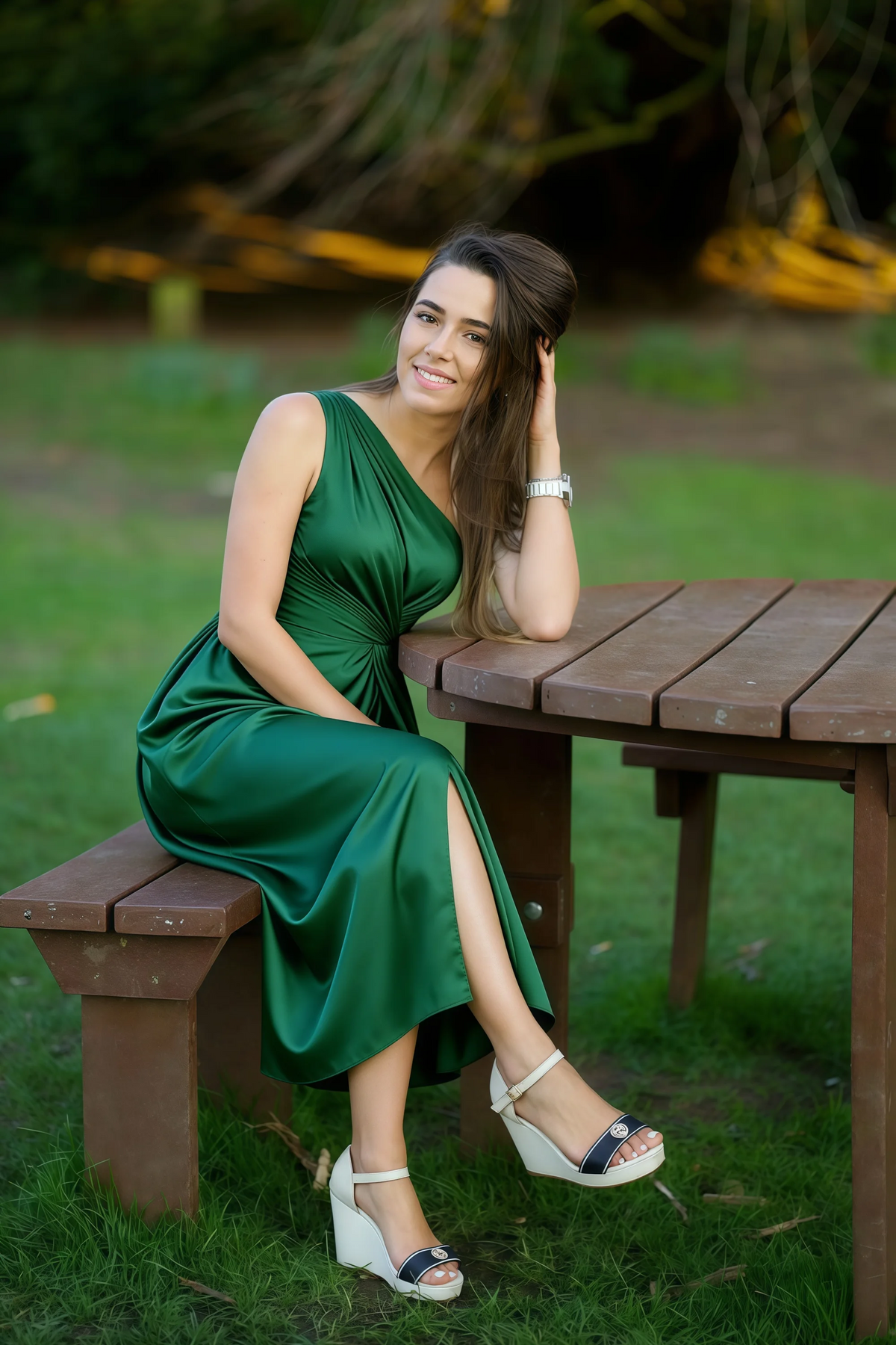 Alexa Emerald Green Satin One Shoulder Midi Dress with Slit