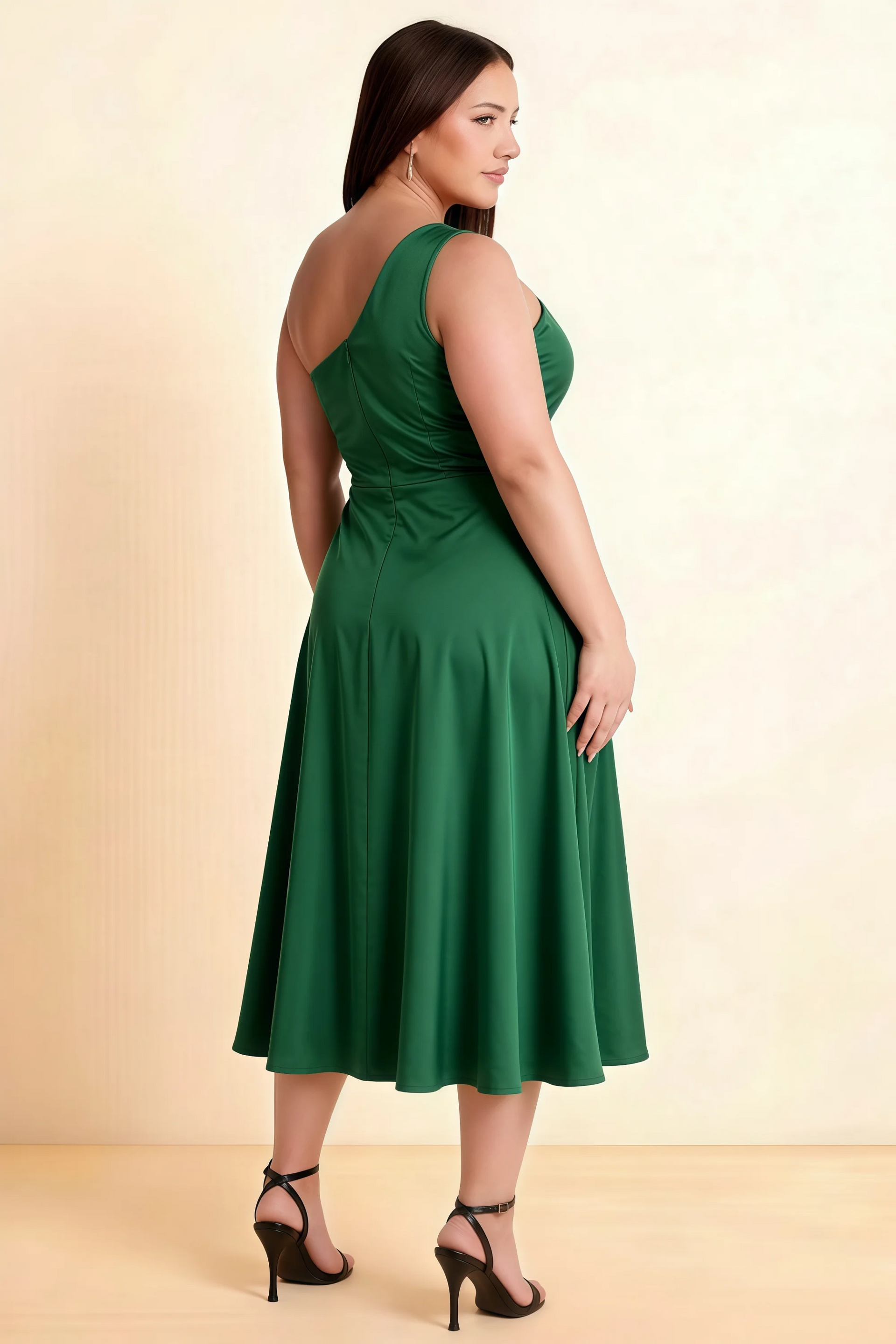 Alexa Emerald Green Satin One Shoulder Midi Dress with Slit