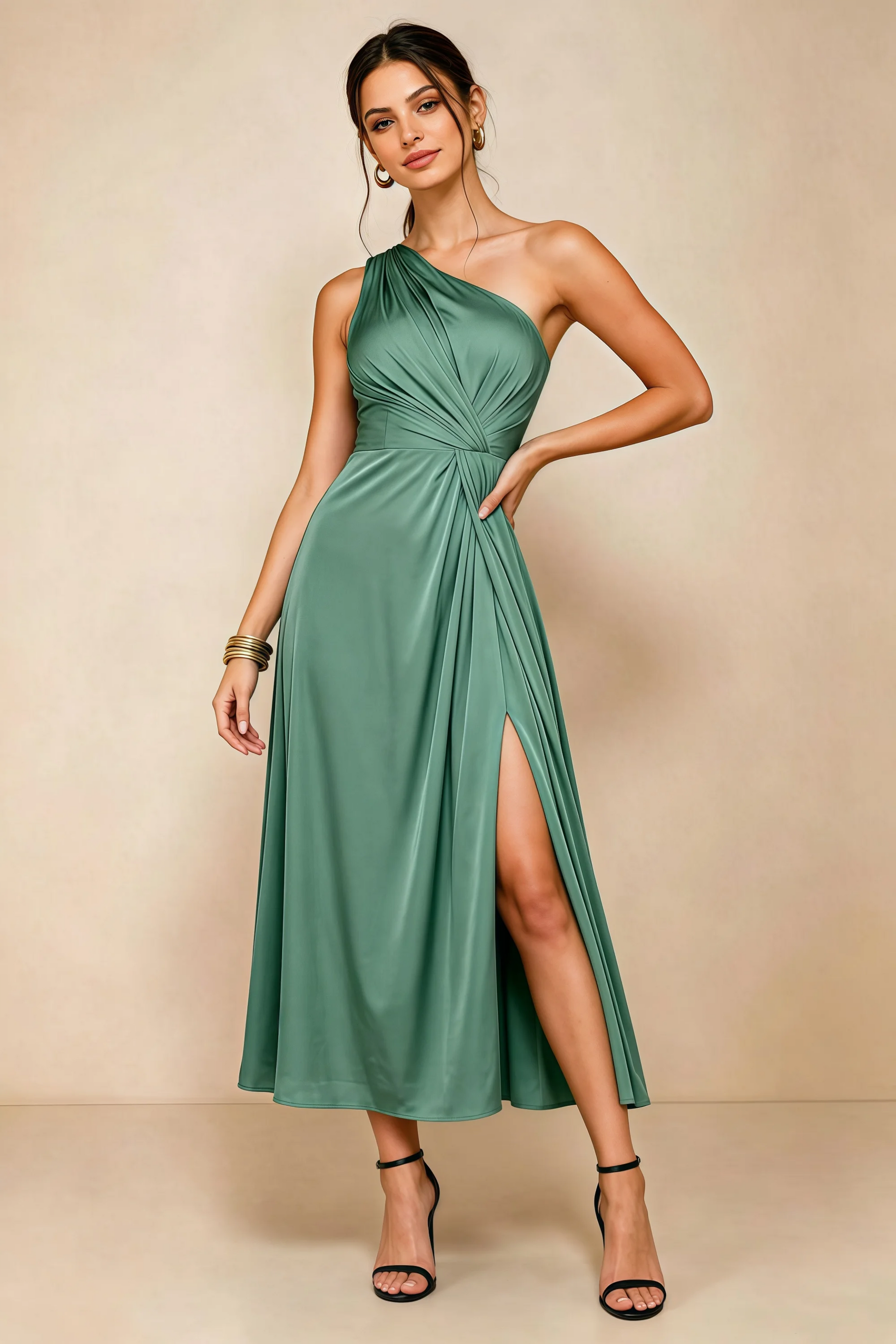Alexa Eucalyptus Satin One Shoulder Midi Dress with Slit