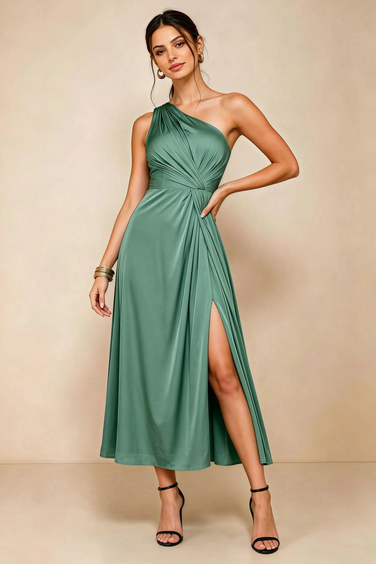 Alexa Eucalyptus Satin One Shoulder Midi Dress with Slit Imagen principal del producto