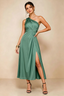 Alexa Eucalyptus Satin One Shoulder Midi Dress with Slit