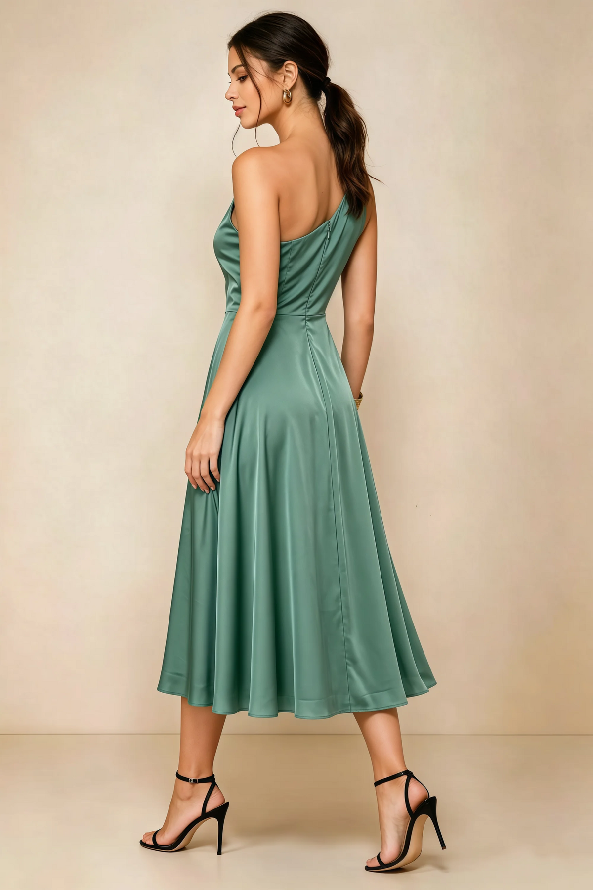 Alexa Eucalyptus Satin One Shoulder Midi Dress with Slit