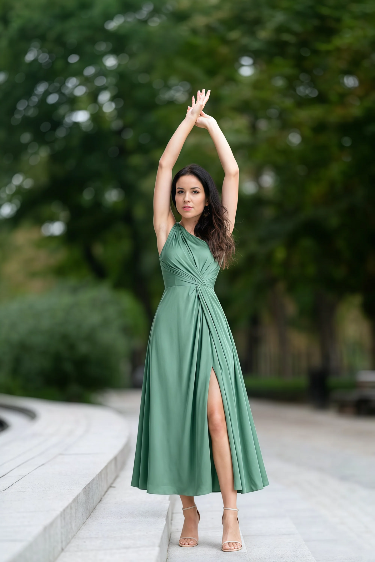 Alexa Eucalyptus Satin One Shoulder Midi Dress with Slit