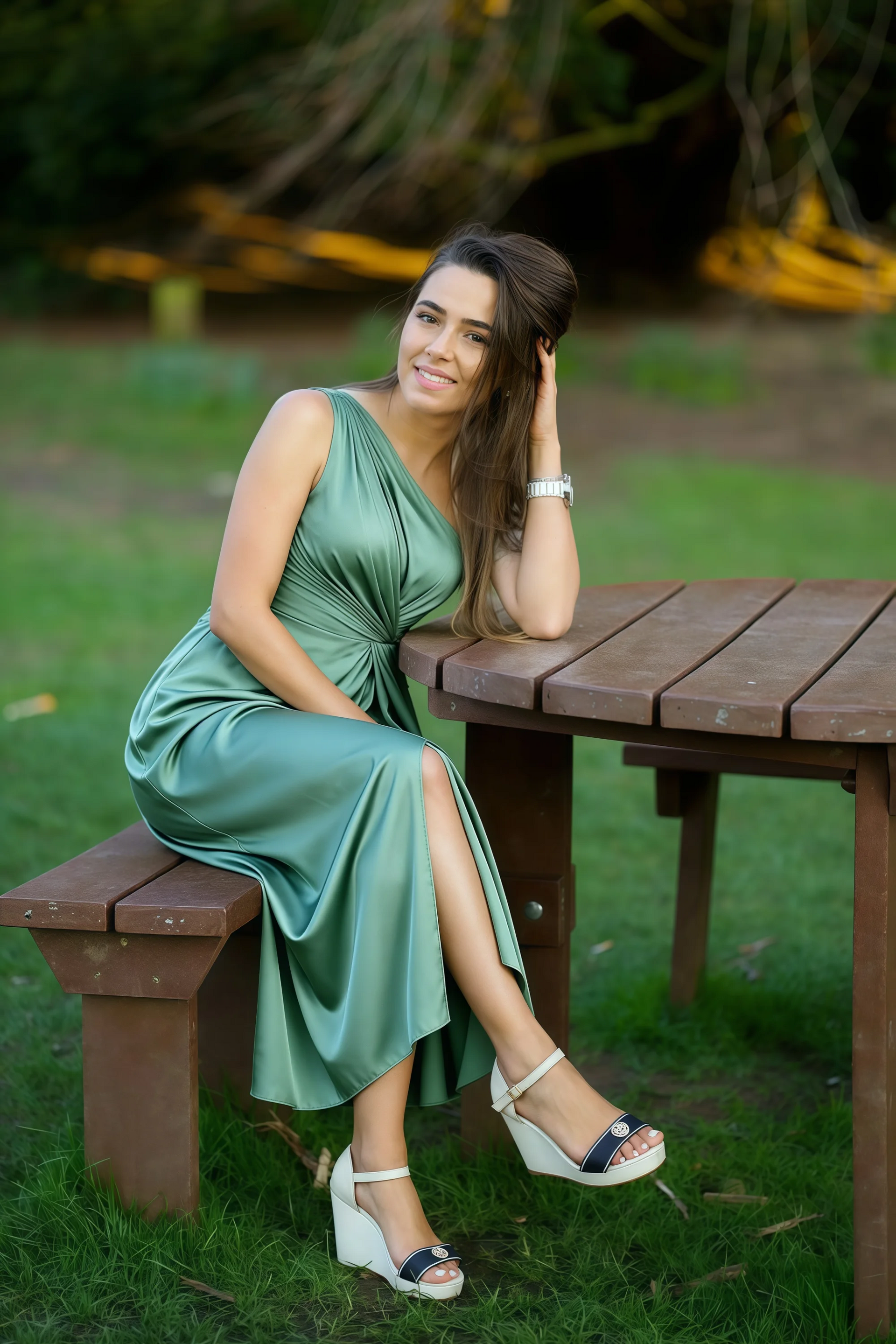 Alexa Eucalyptus Satin One Shoulder Midi Dress with Slit