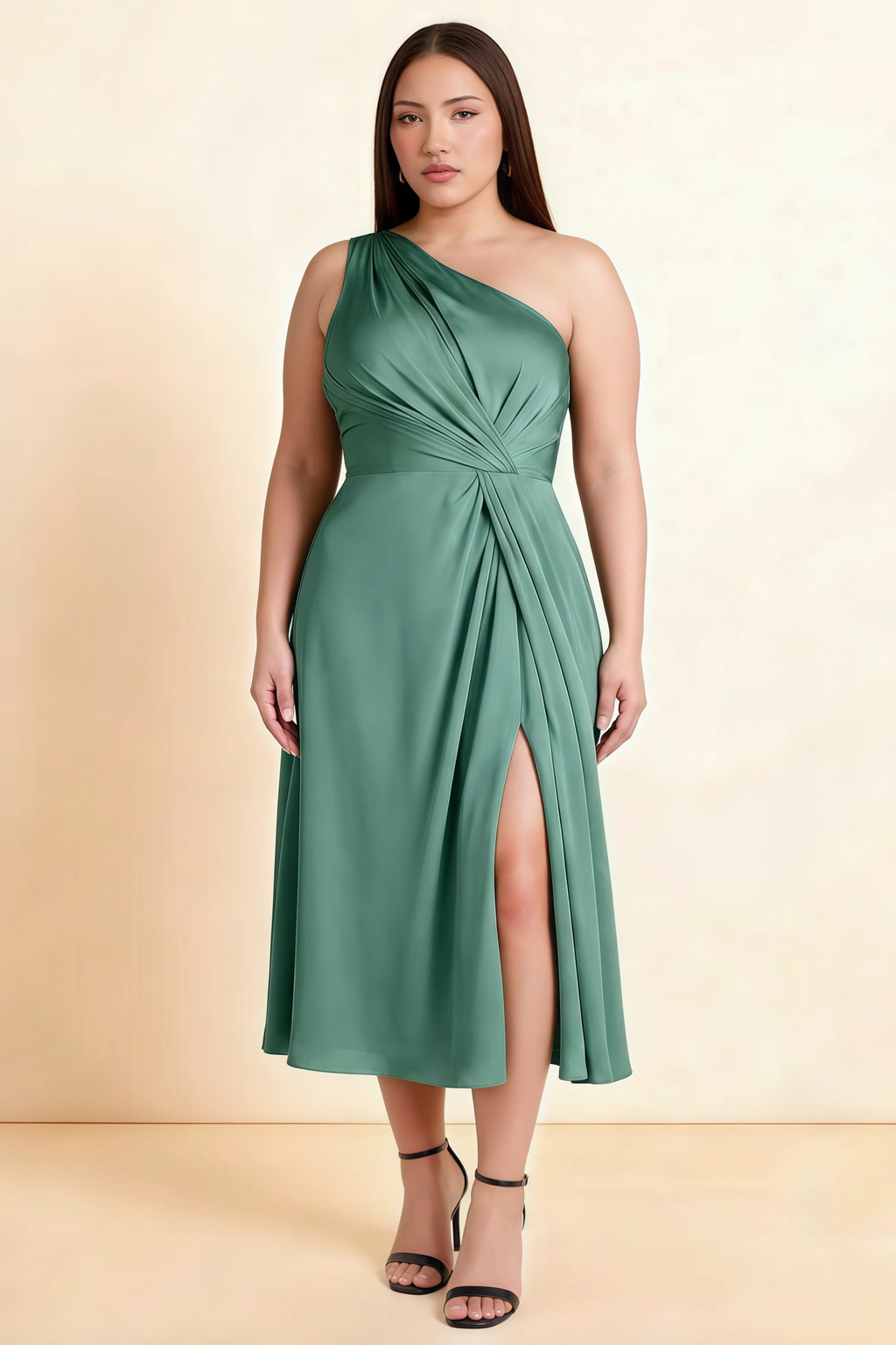 Alexa Eucalyptus Satin One Shoulder Midi Dress with Slit