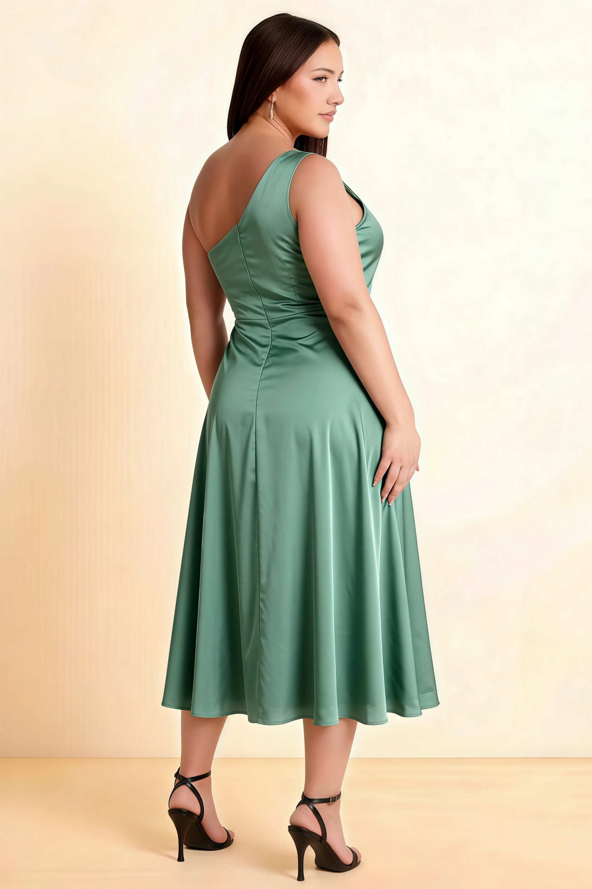 Alexa Eucalyptus Satin One Shoulder Midi Dress with Slit