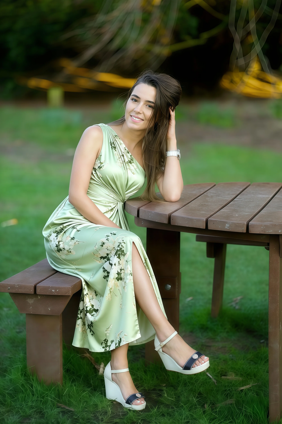 Alexa Green Floral One Shoulder Midi Dress with Slit